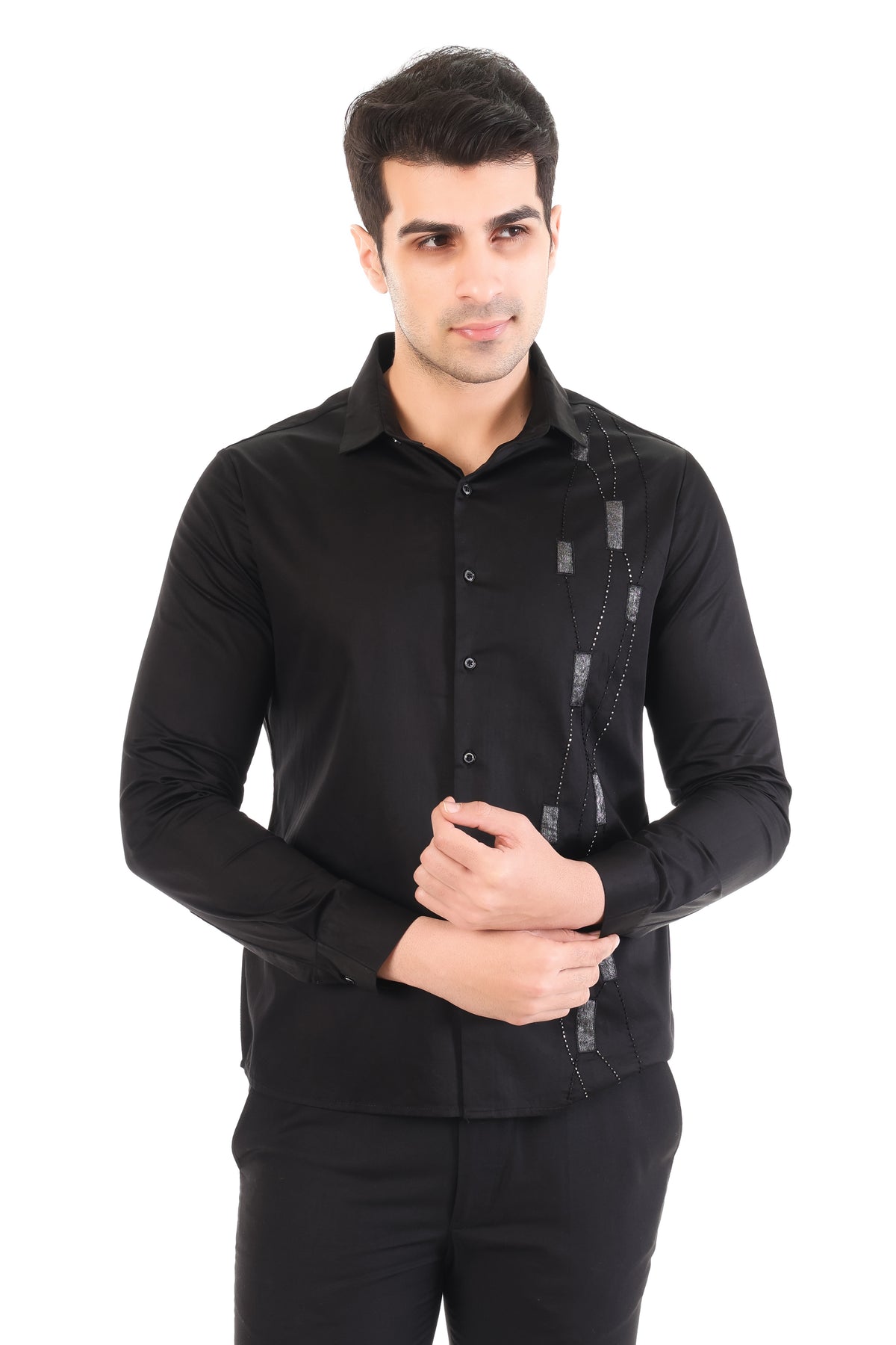 Black Geometric Embroidered Shirt PWY221