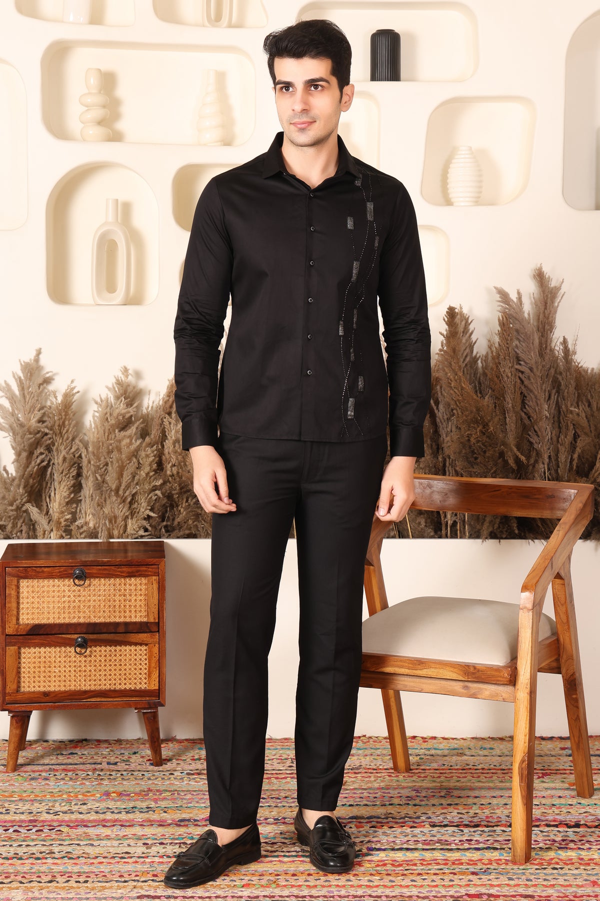 Black Geometric Embroidered Shirt PWY221