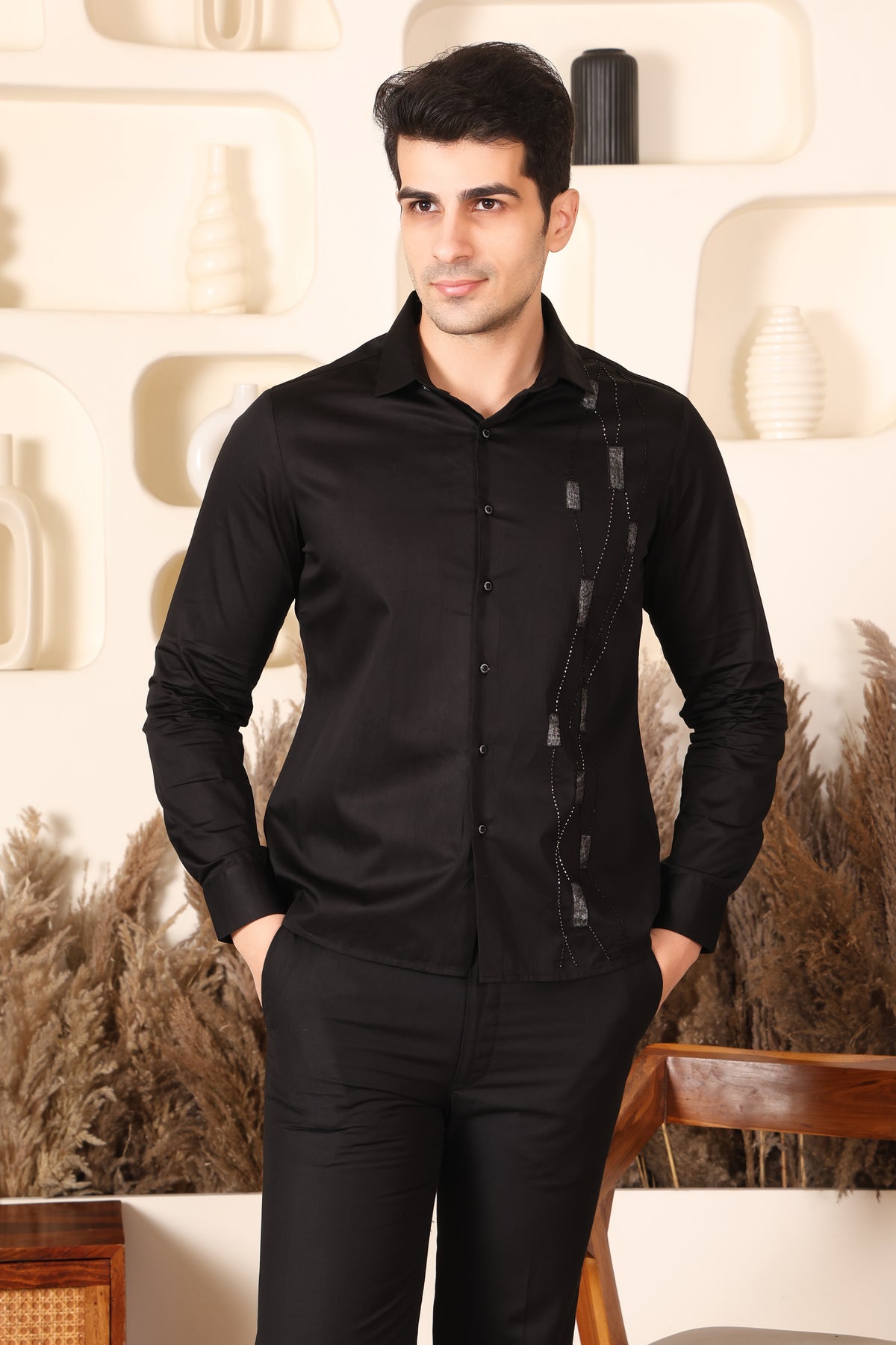 Black Geometric Embroidered Shirt PWY221