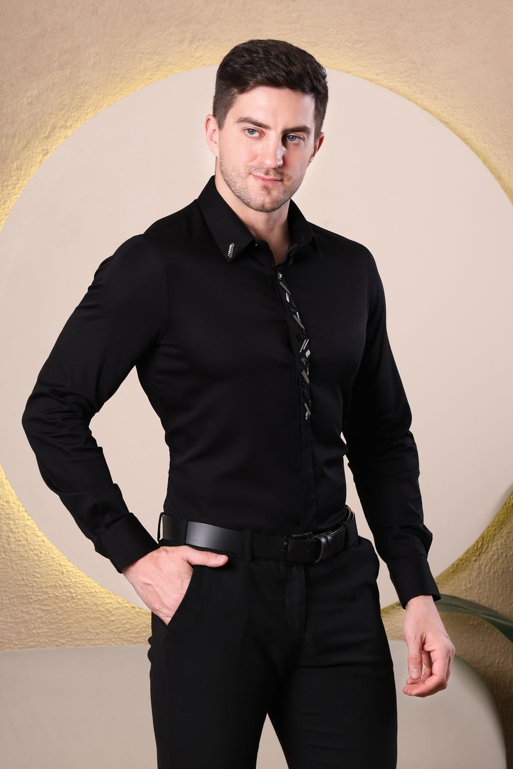 GEO PLACKET HAND EMBROIDED BEAD WORK PARTY SHIRT BLACK