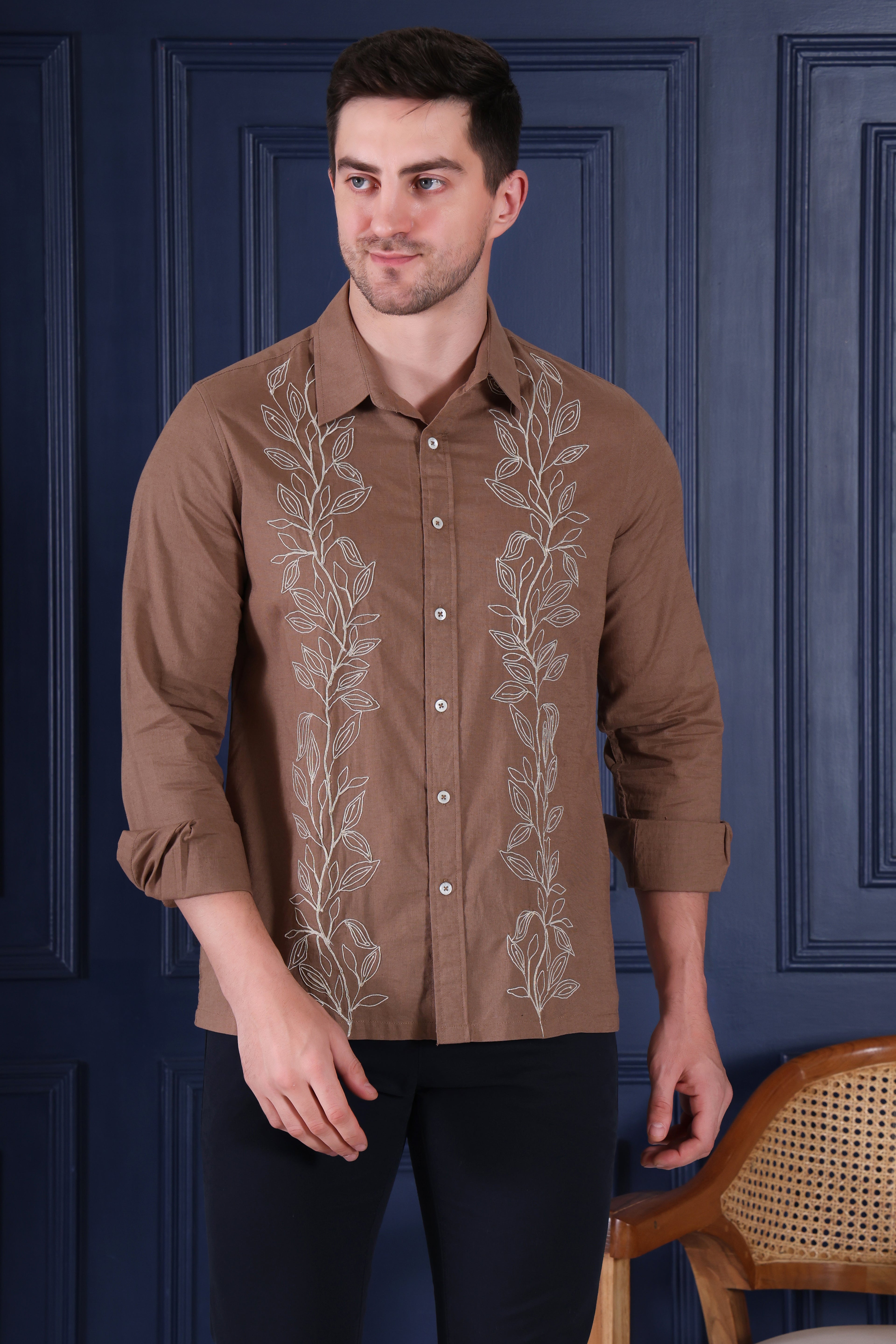 COCOA TWIN LAUREL EMBROIDED ETHNIC PARTY SHIRT BROWN