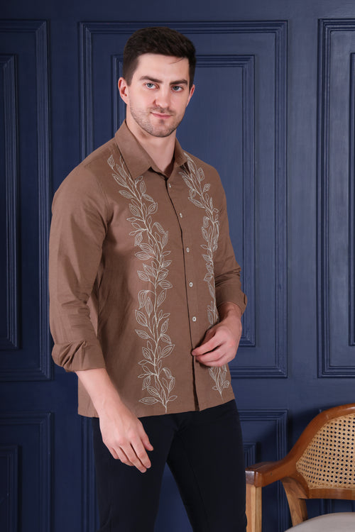 COCOA TWIN LAUREL EMBROIDED ETHNIC PARTY SHIRT BROWN