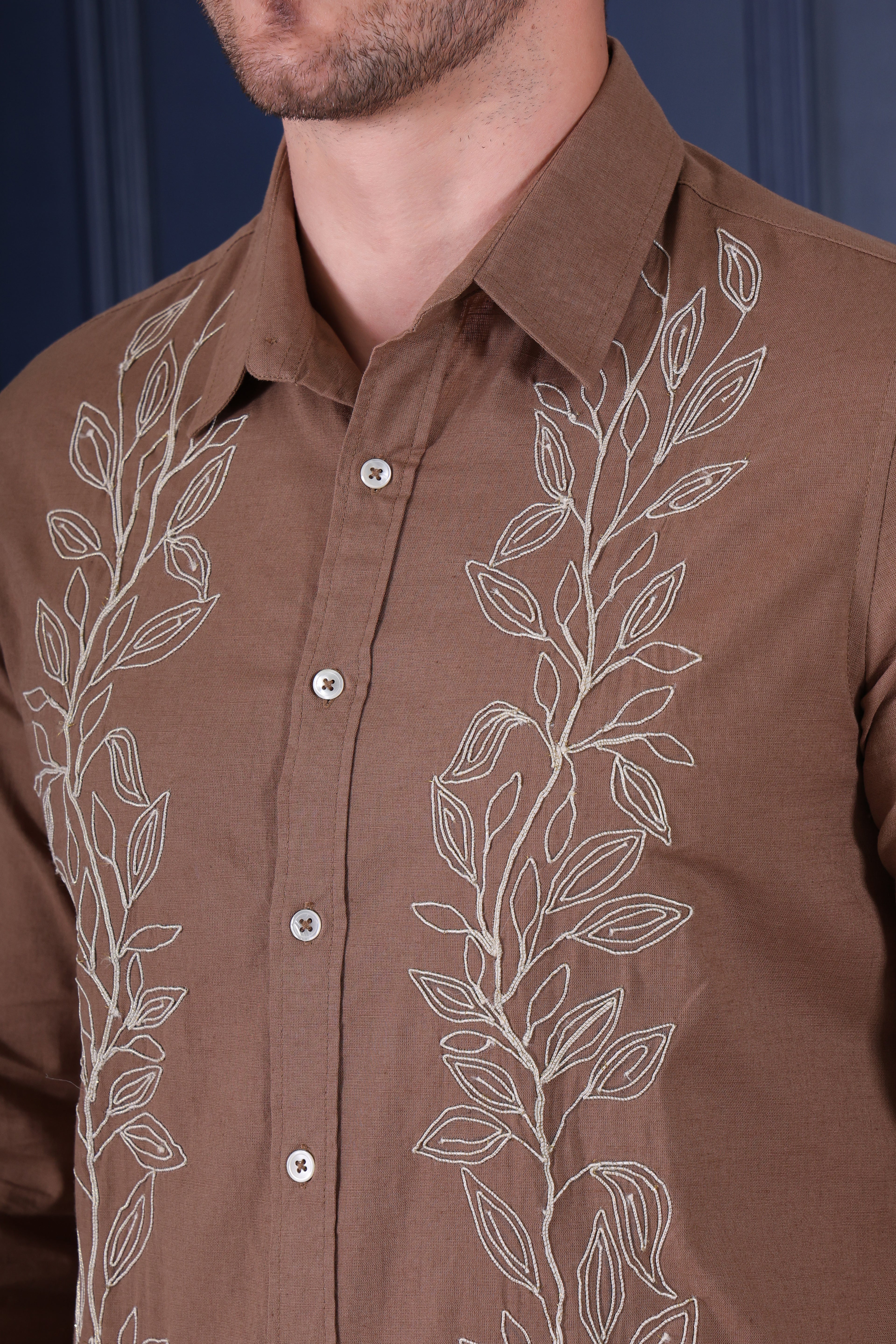 COCOA TWIN LAUREL EMBROIDED ETHNIC PARTY SHIRT BROWN