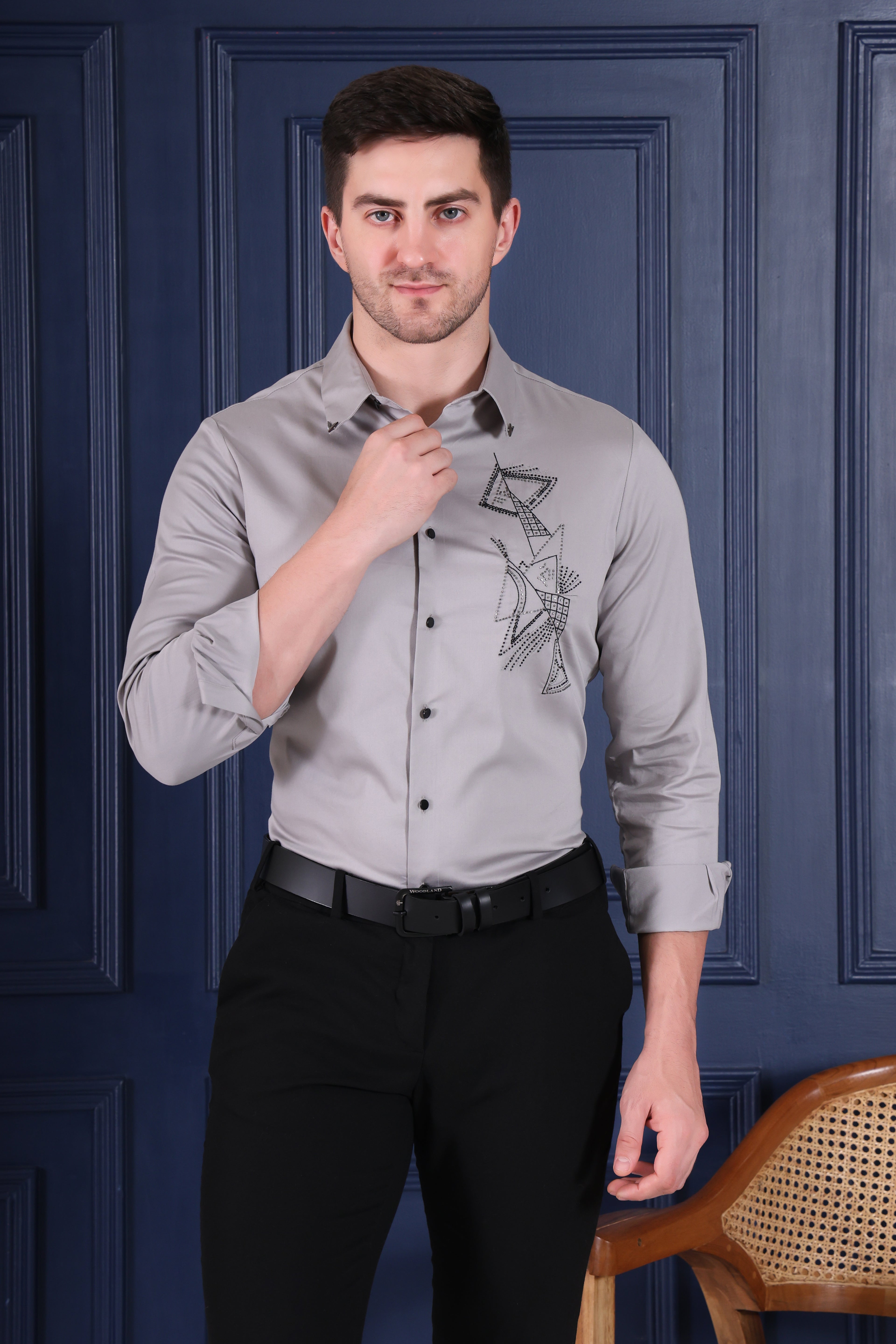 GEO LINE HAND EMBROIDED BEADWORK PARTY SHIRT GREY