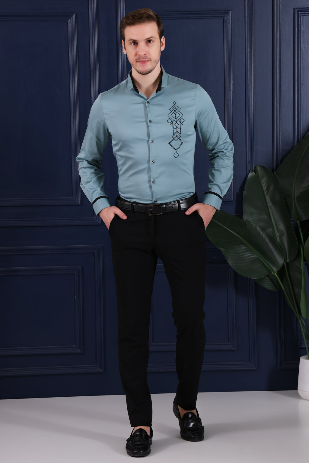 Signature Satin Lycra Embroidered Men's Regular Fit Shirt - Green (PWY232)