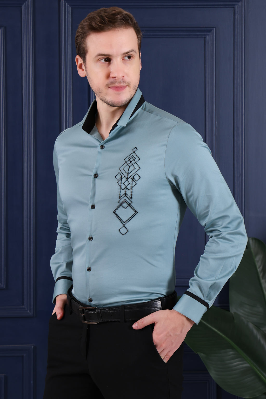 Signature Satin Lycra Embroidered Men's Regular Fit Shirt - Green (PWY232)