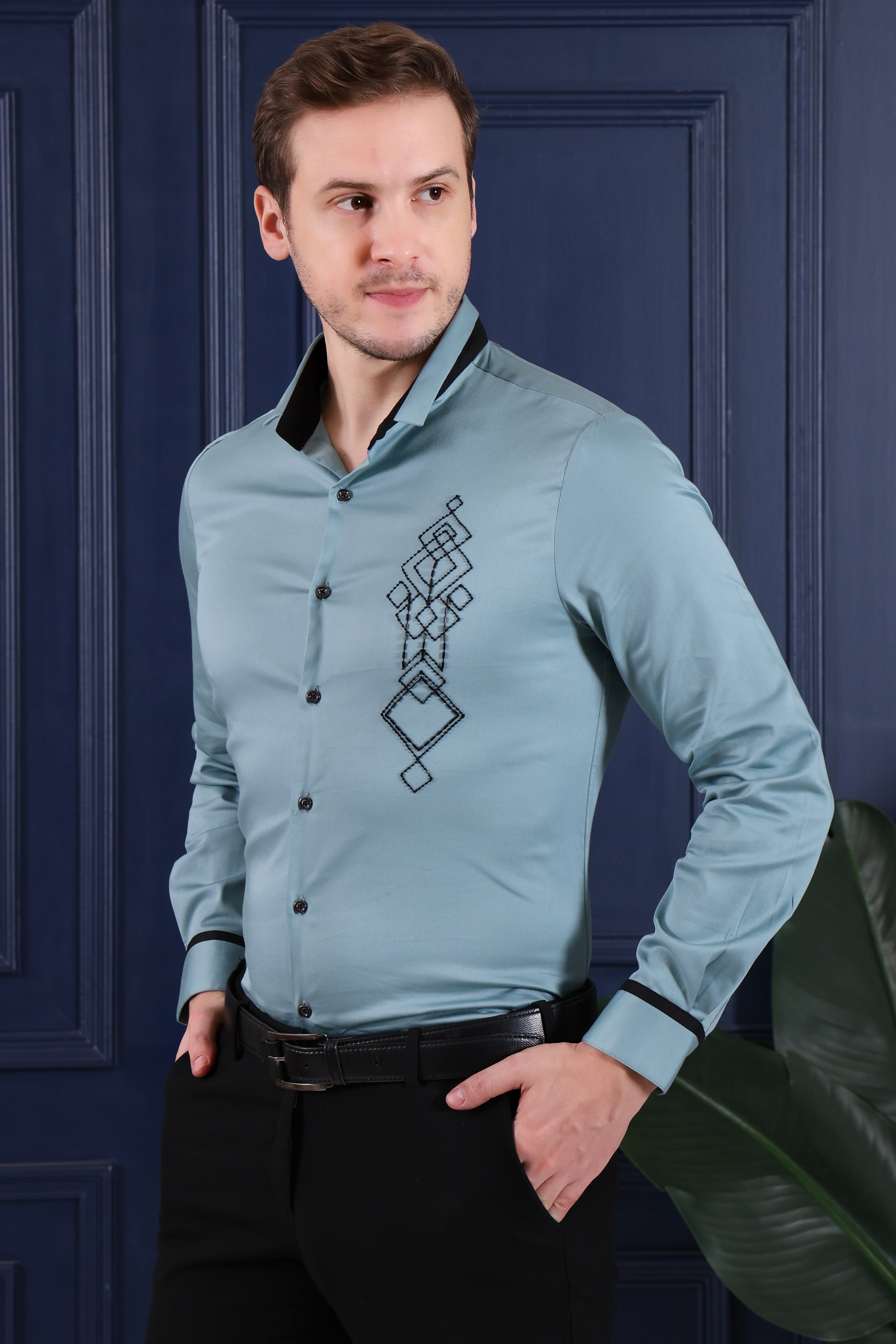 Signature Satin Lycra Embroidered Men's Regular Fit Shirt - Green (PWY232)