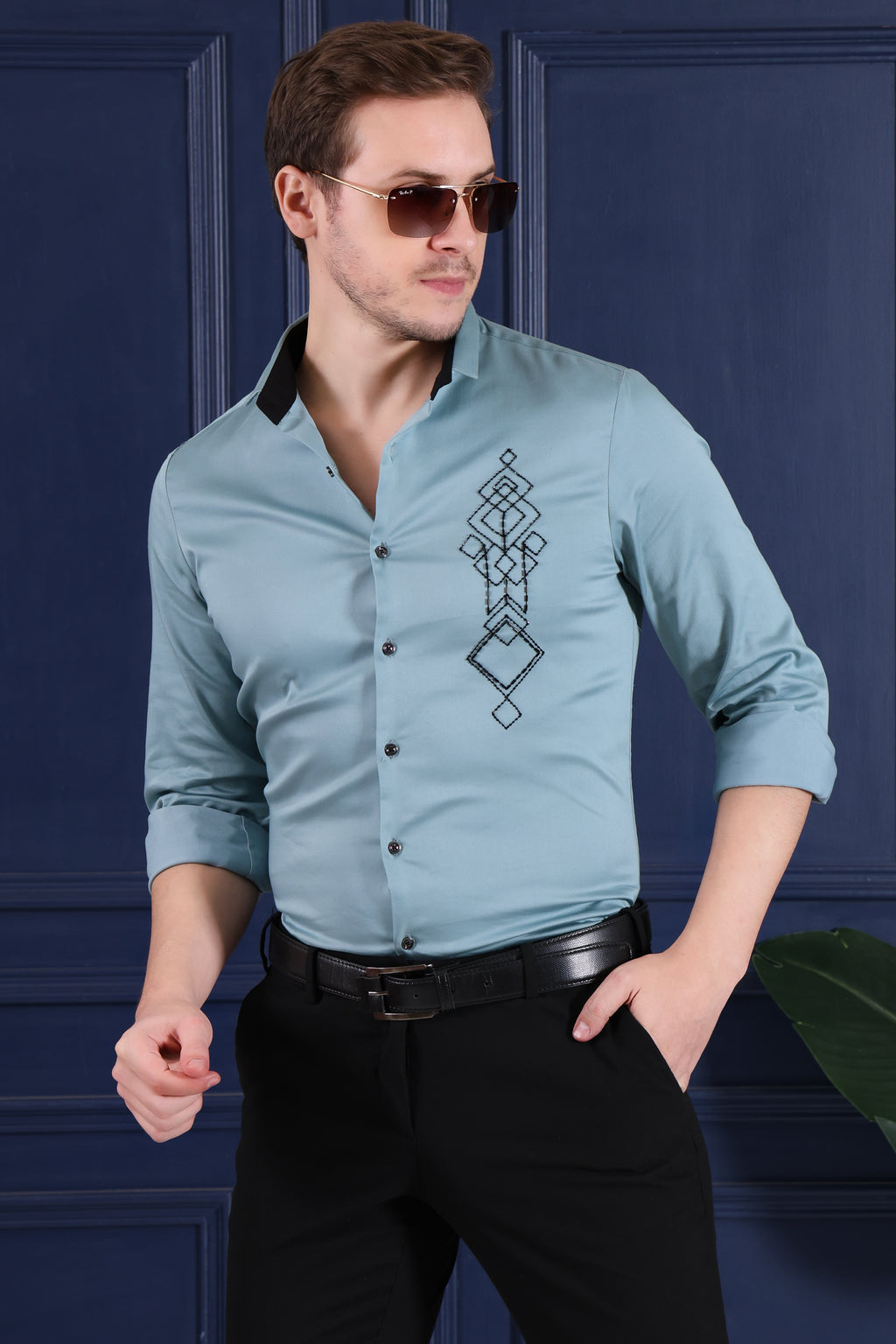 Signature Satin Lycra Embroidered Men's Regular Fit Shirt - Green (PWY232)
