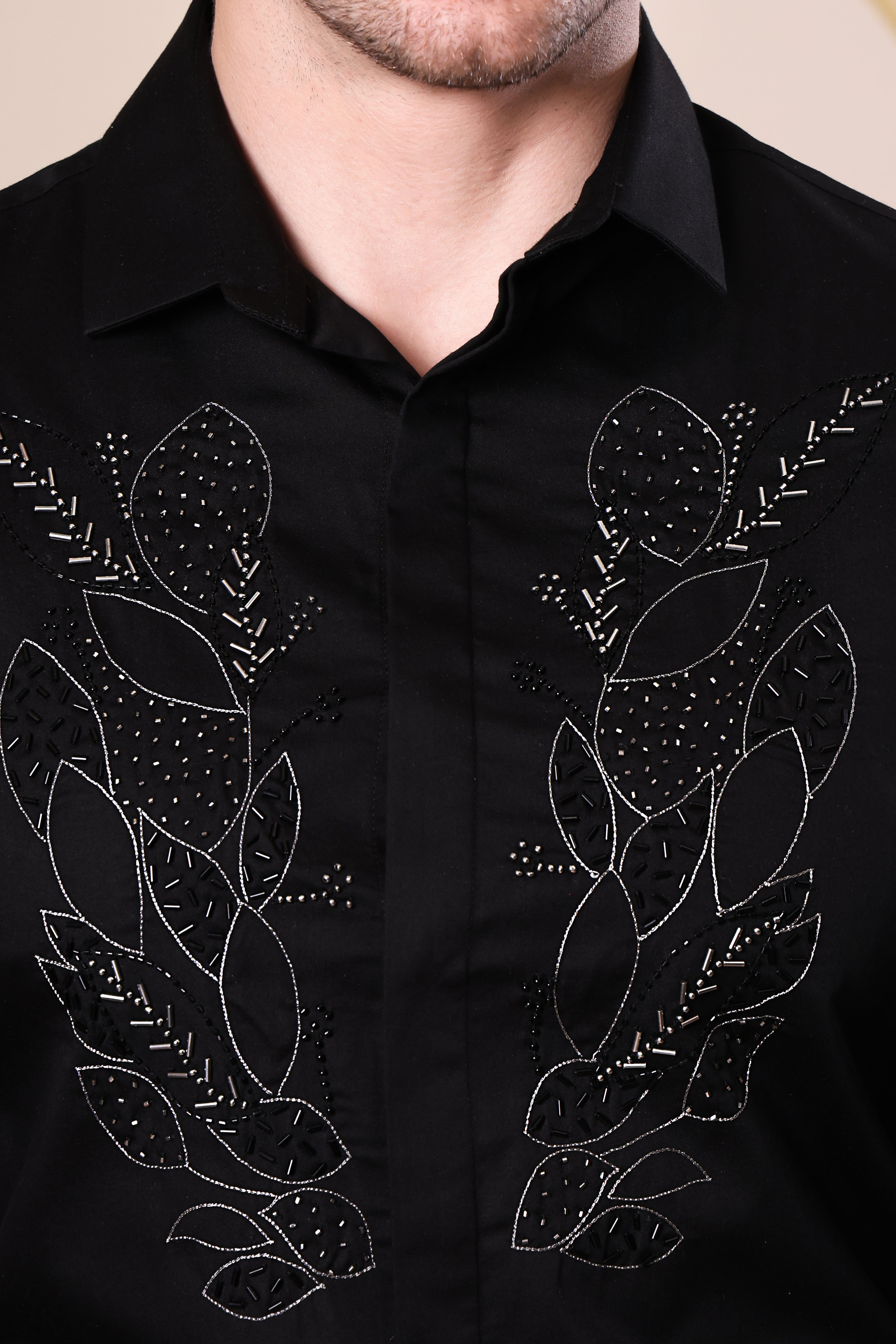 MIDNIGHT LAUREL HAND EMBROIDED PARTY SHIRT BLACK