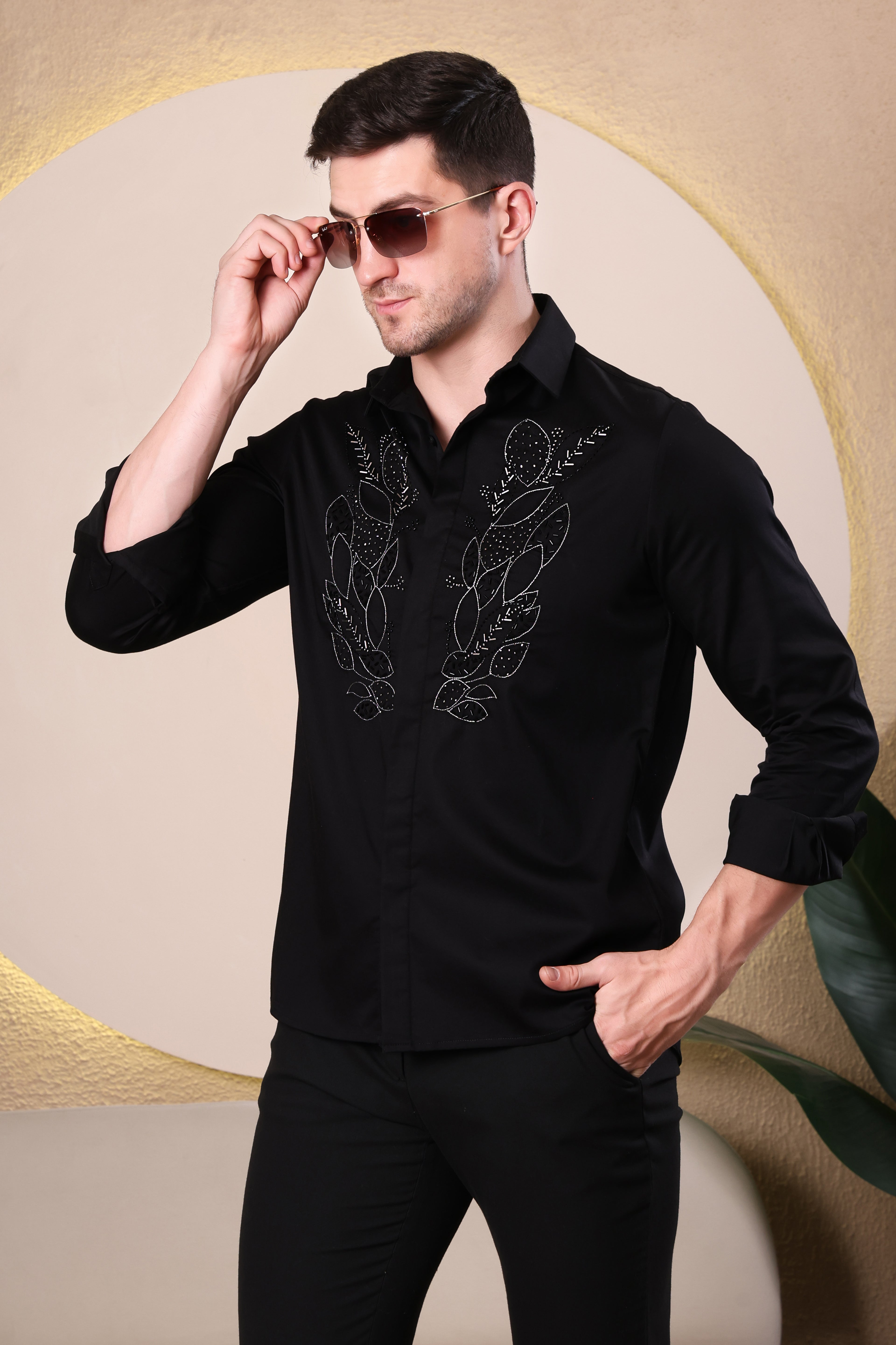 MIDNIGHT LAUREL HAND EMBROIDED PARTY SHIRT BLACK