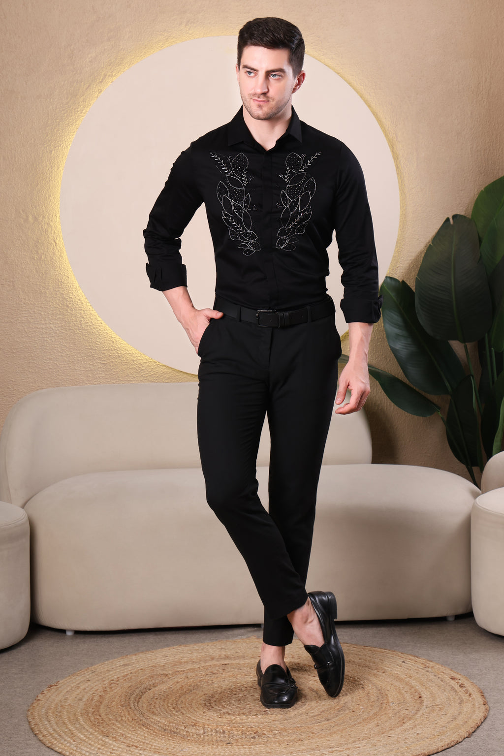 MIDNIGHT LAUREL HAND EMBROIDED PARTY SHIRT BLACK