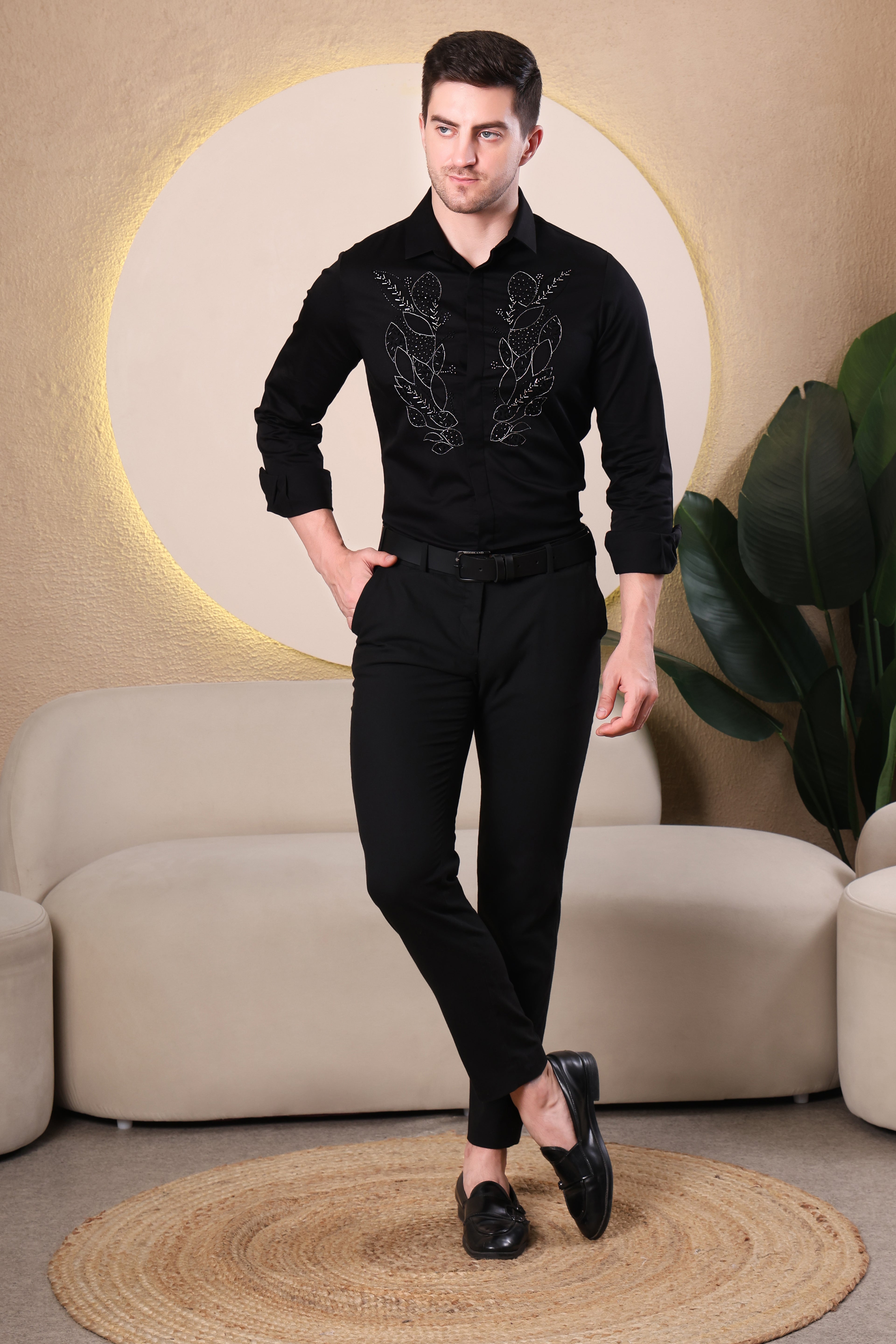 MIDNIGHT LAUREL HAND EMBROIDED PARTY SHIRT BLACK