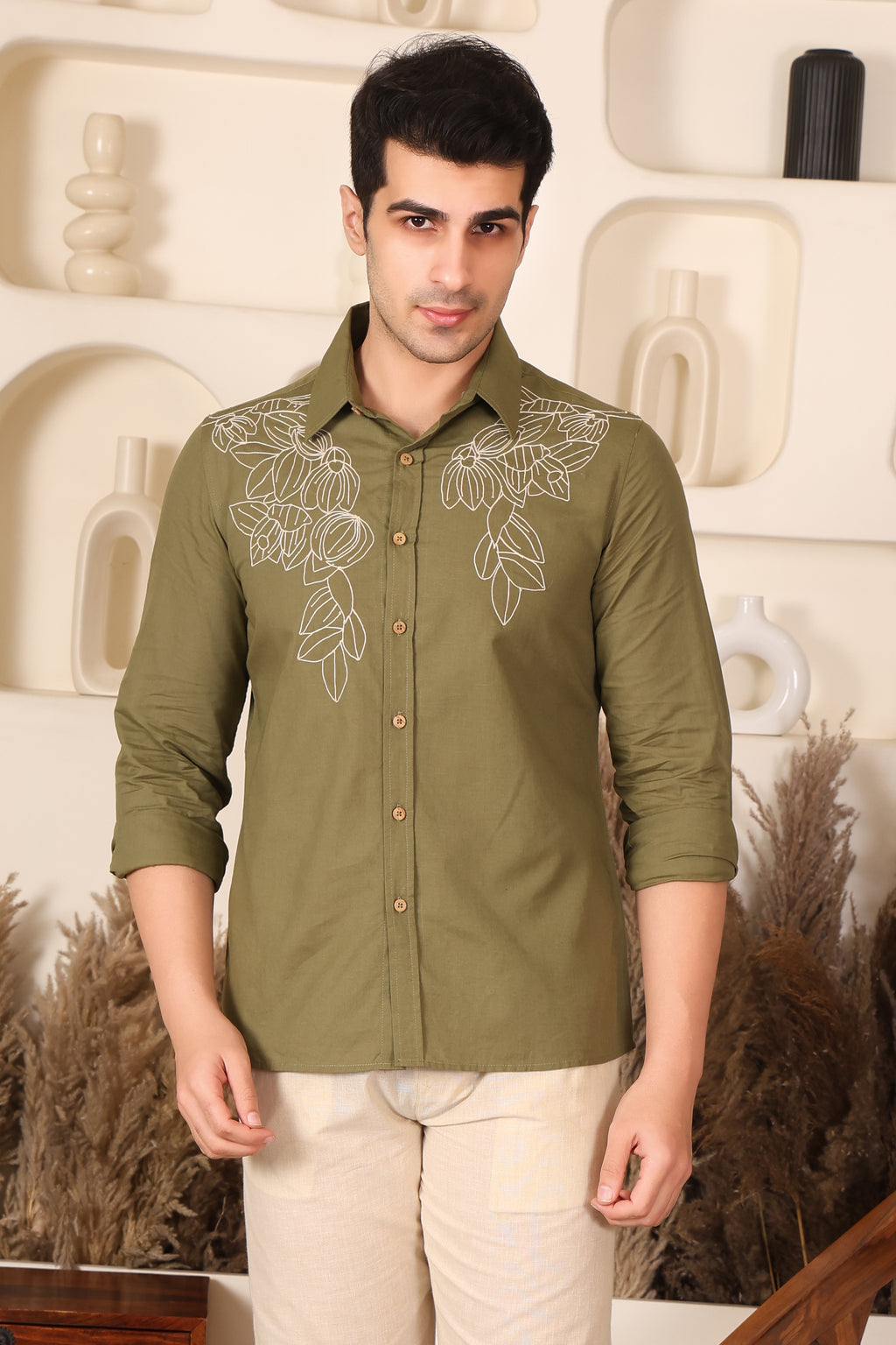 Olive Green Floral Embroidered Shirt for Men (PWY241)
