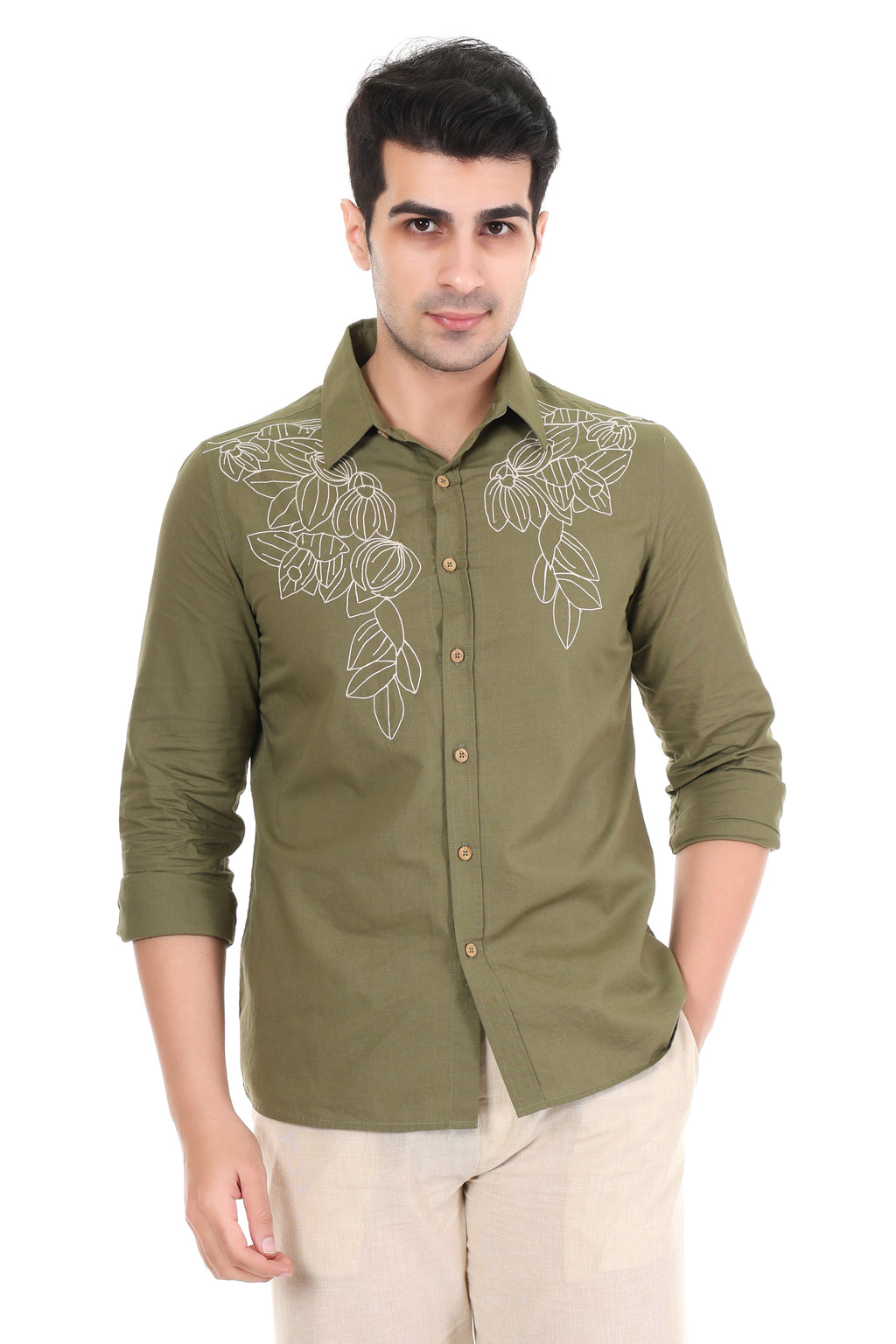 Olive Green Floral Embroidered Shirt for Men (PWY241)