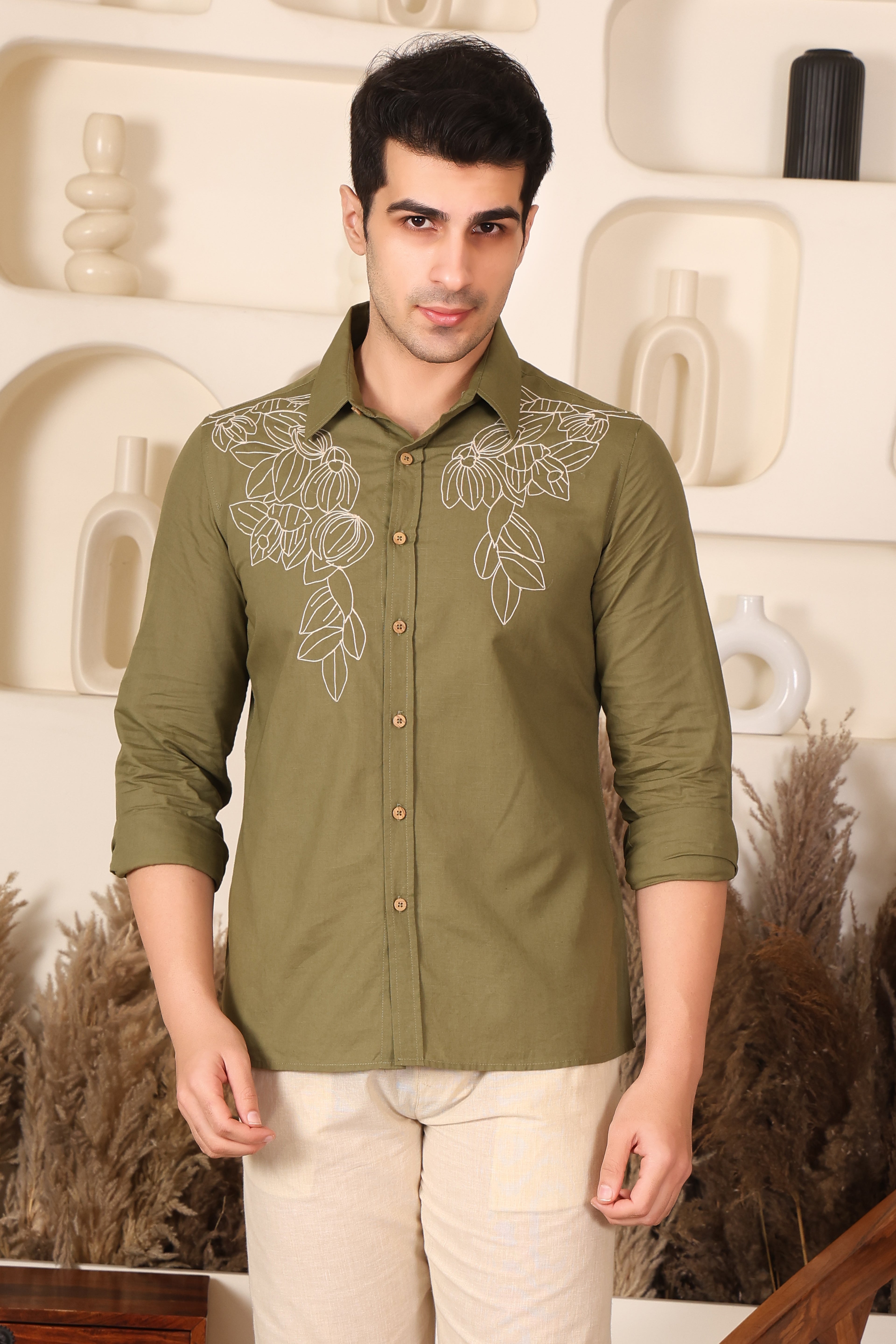 Olive Green Floral Embroidered Shirt for Men (PWY241)