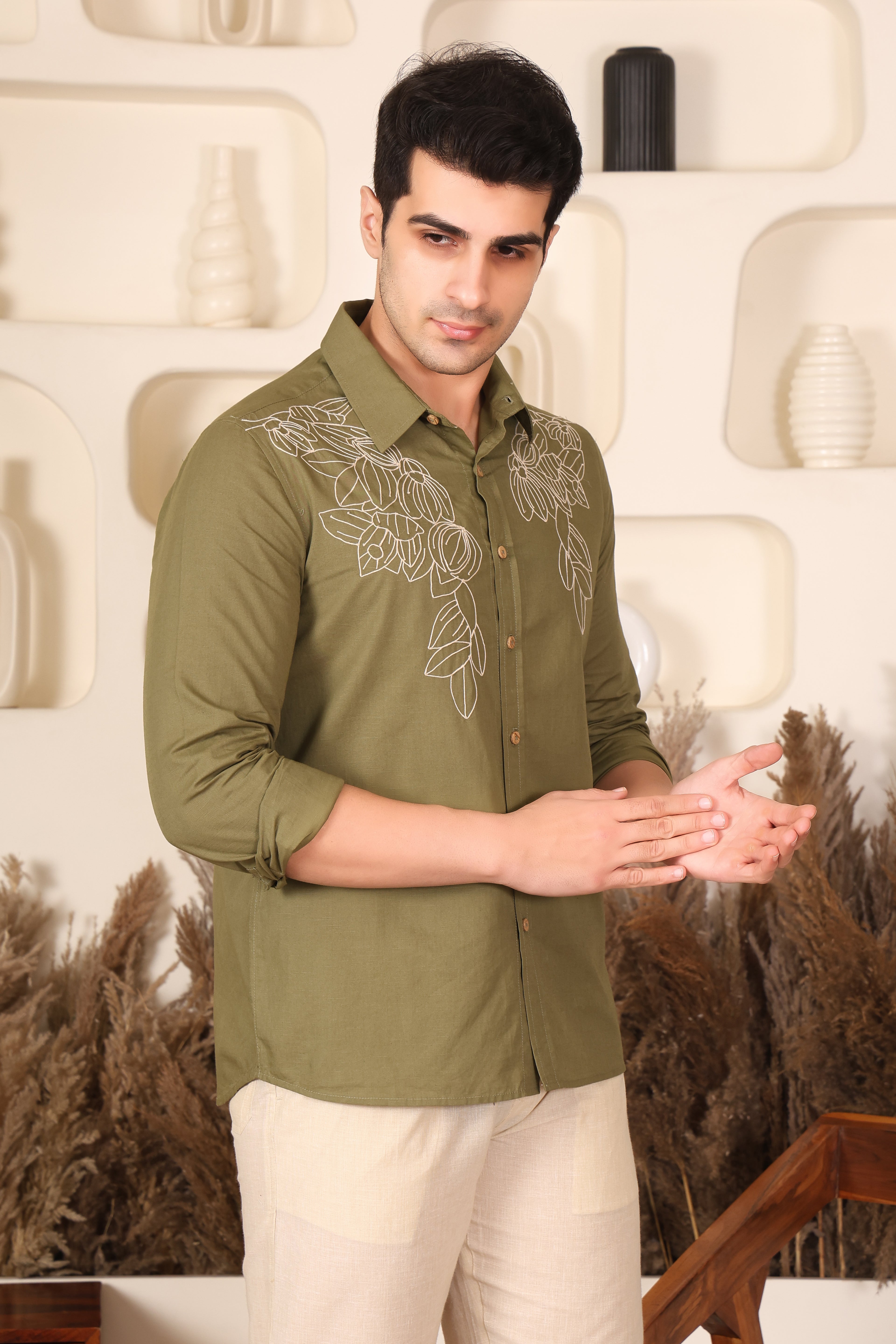Olive Green Floral Embroidered Shirt for Men (PWY241)
