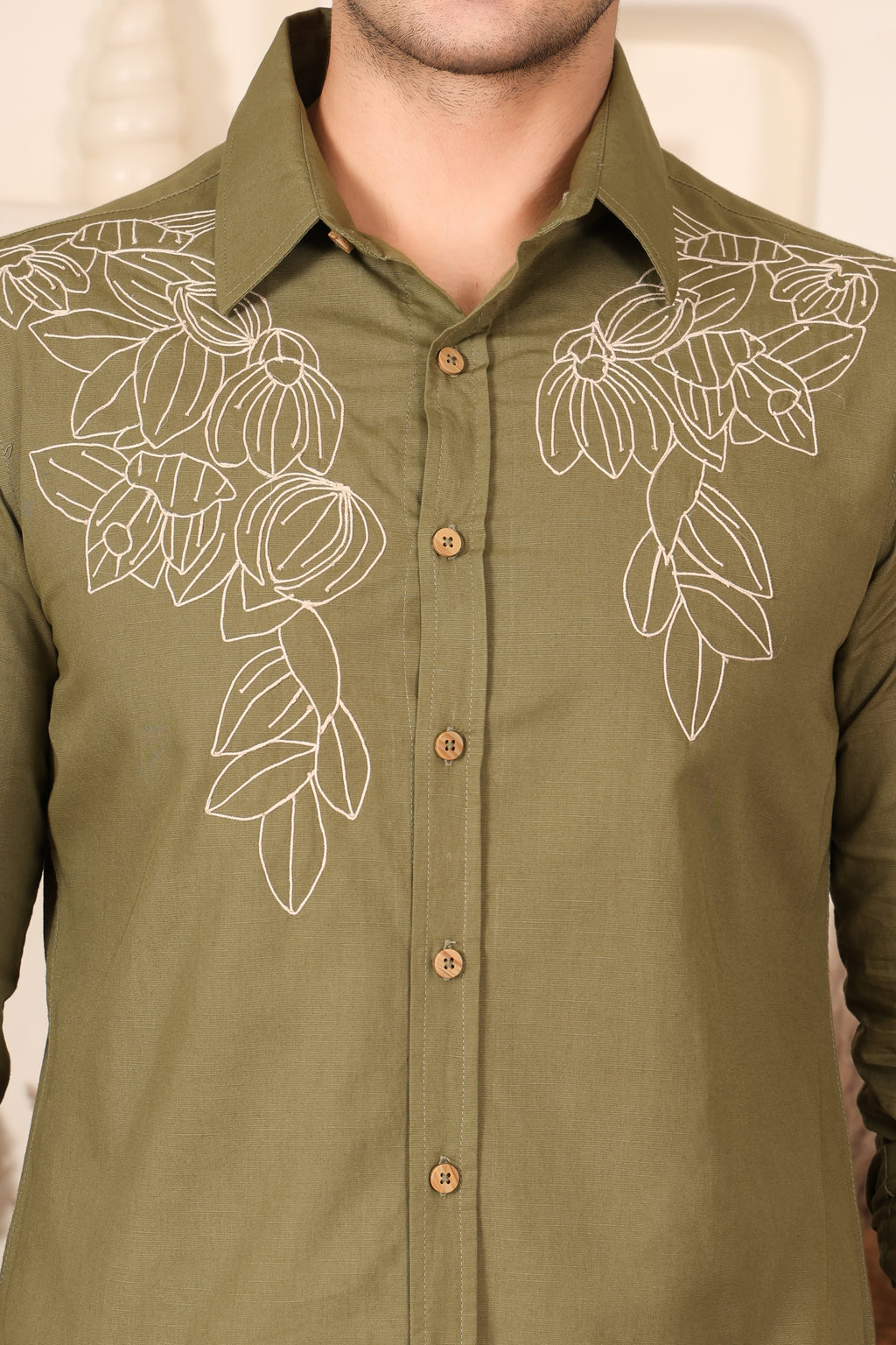 Olive Green Floral Embroidered Shirt for Men (PWY241)