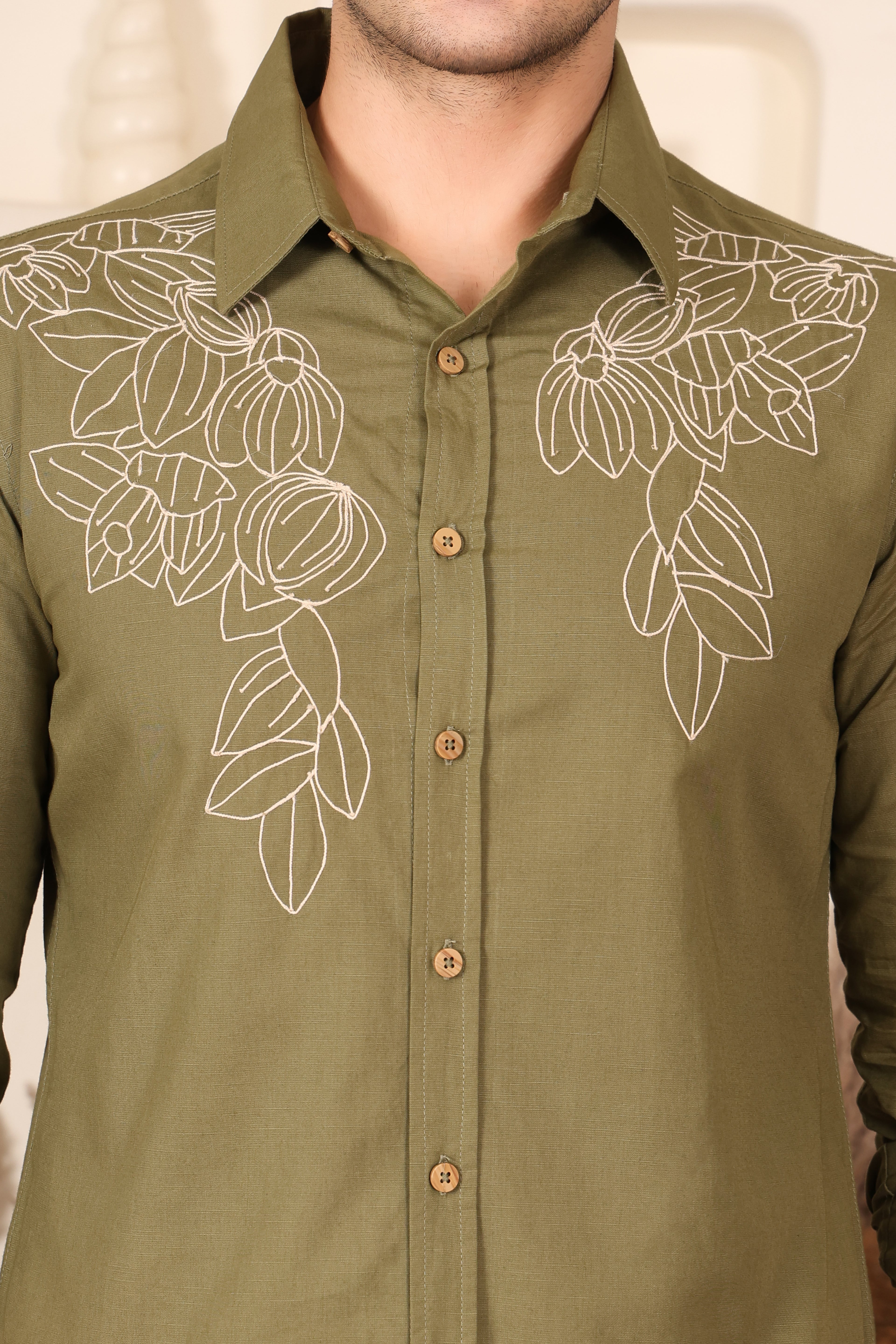 Olive Green Floral Embroidered Shirt for Men (PWY241)