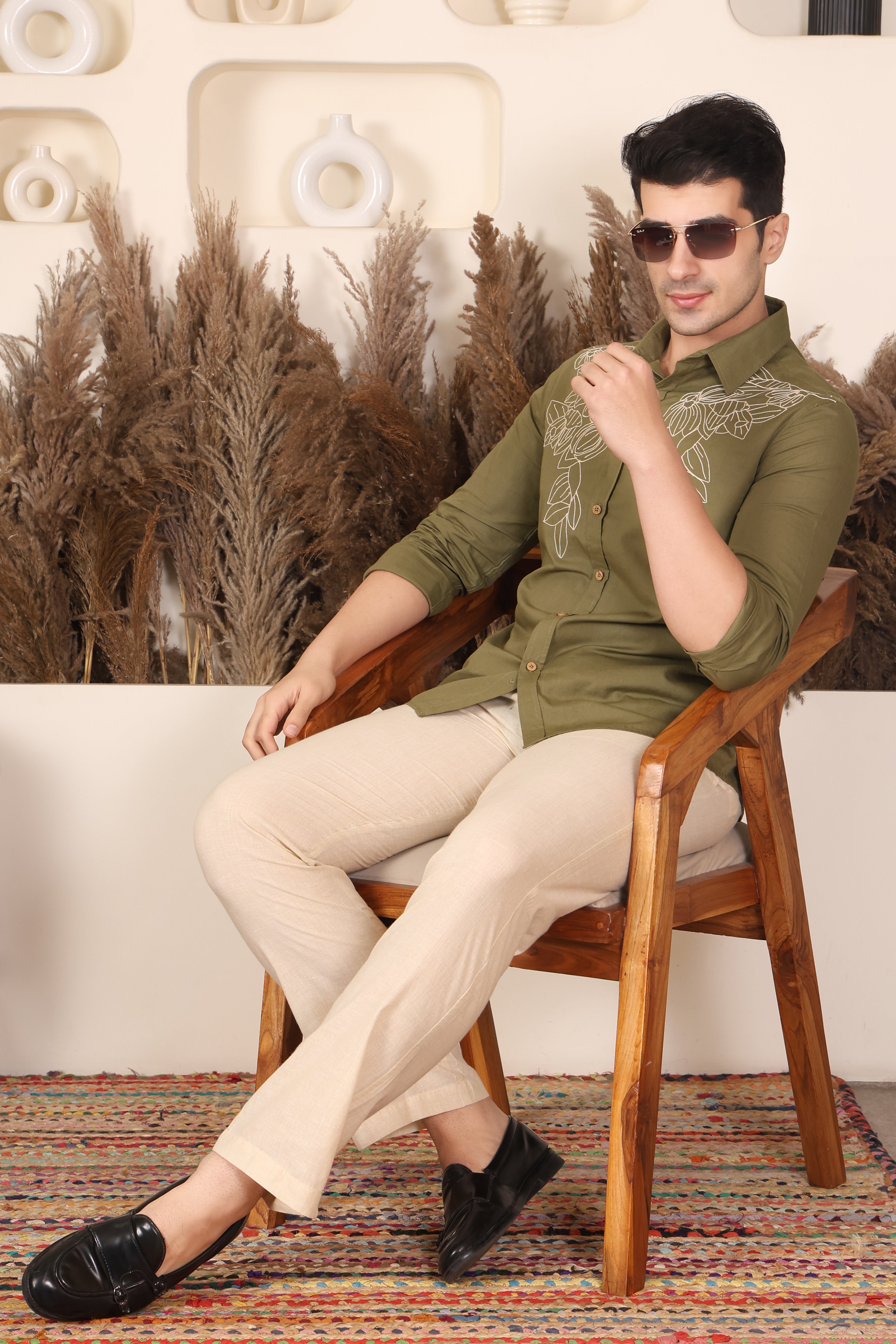 Olive Green Floral Embroidered Shirt for Men (PWY241)