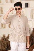 Beige Floral Embroidered Mandarin Collar Shirt for Men PWY242
