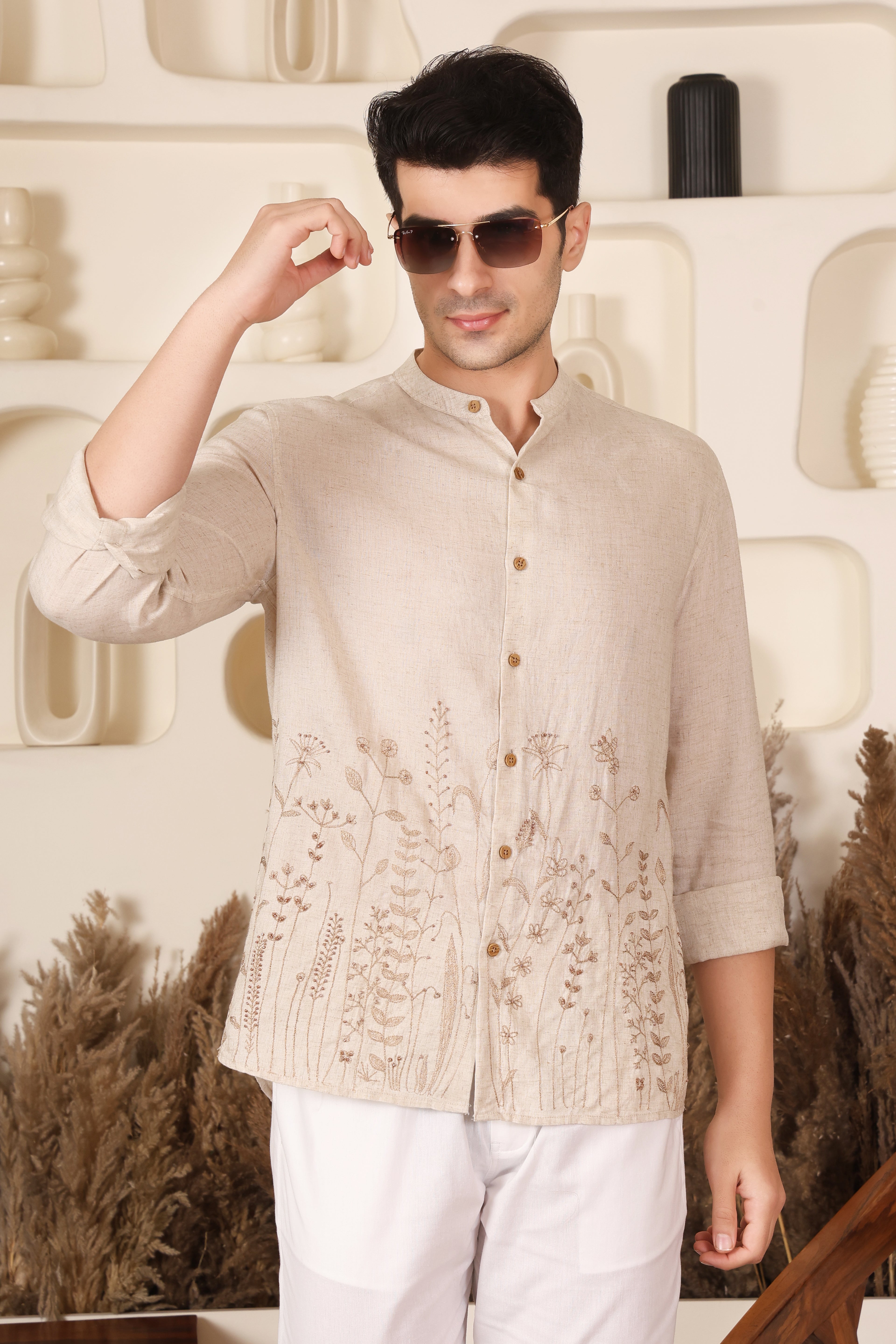 Beige Floral Embroidered Mandarin Collar Shirt for Men PWY242