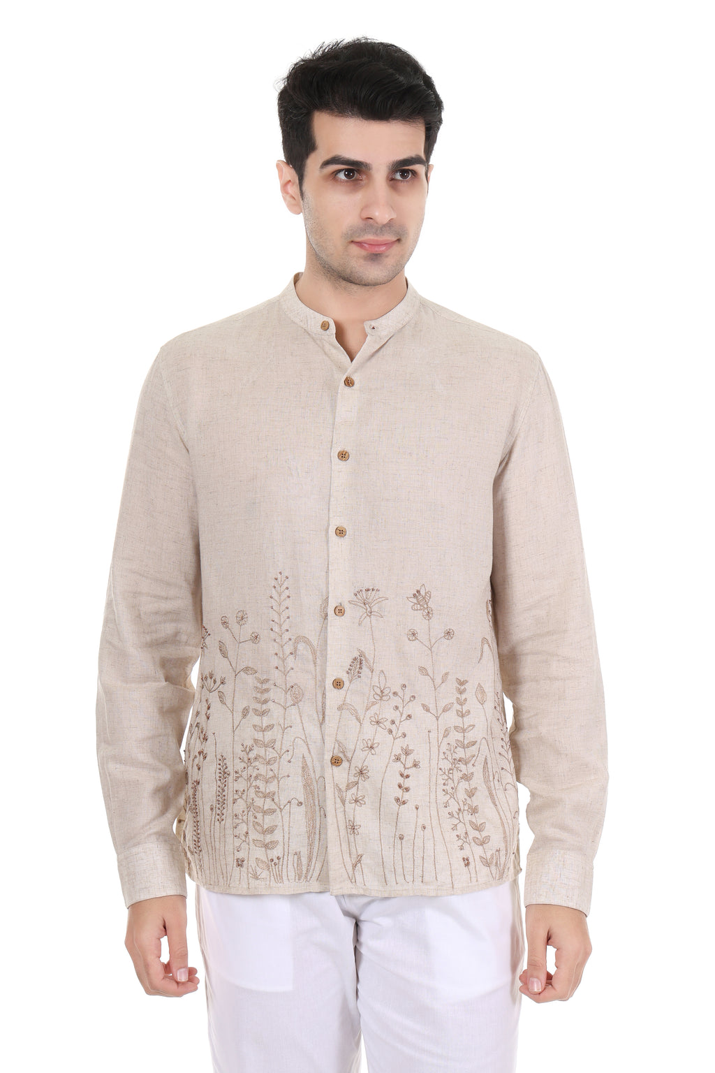 Beige Floral Embroidered Mandarin Collar Shirt for Men PWY242