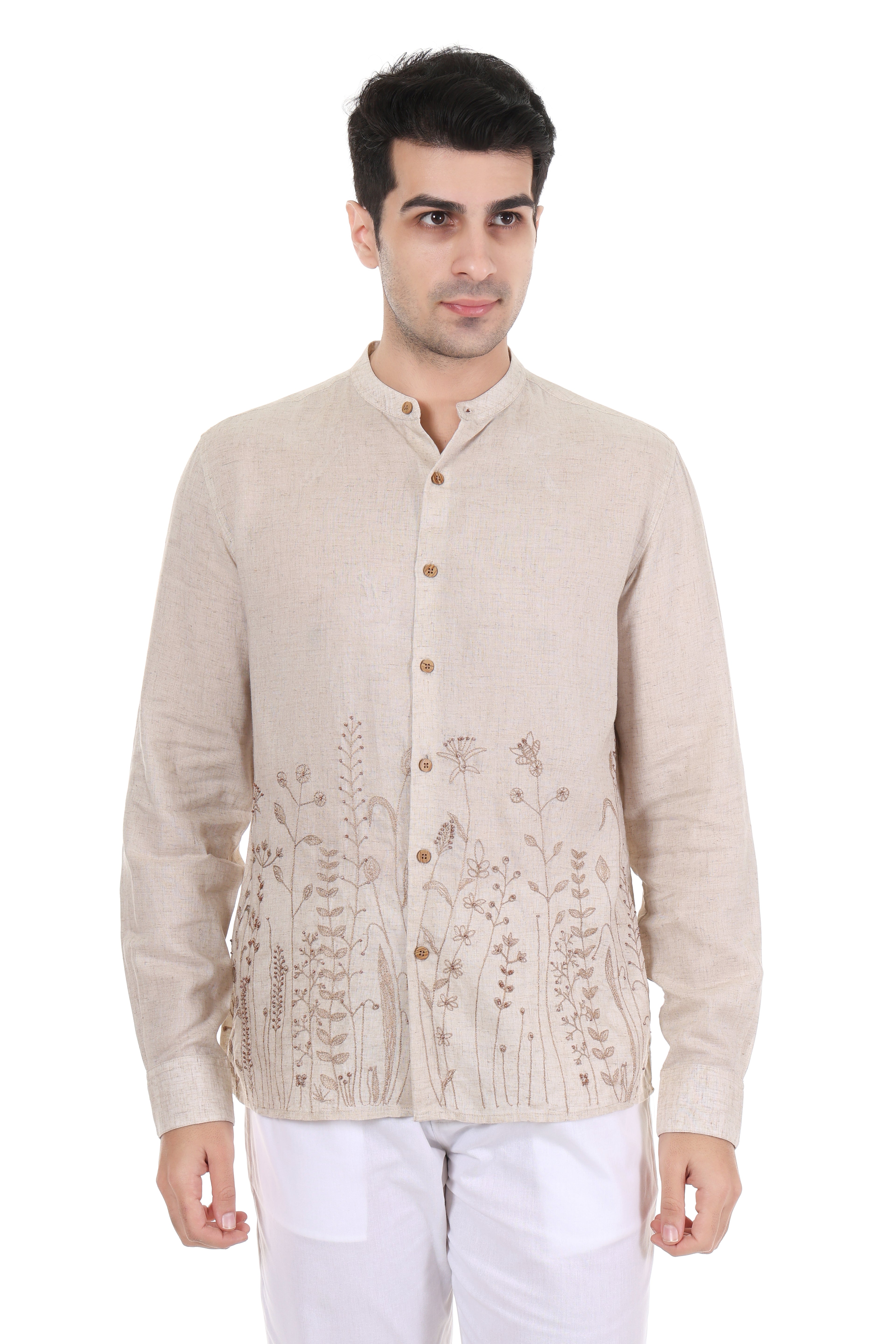 Beige Floral Embroidered Mandarin Collar Shirt for Men PWY242
