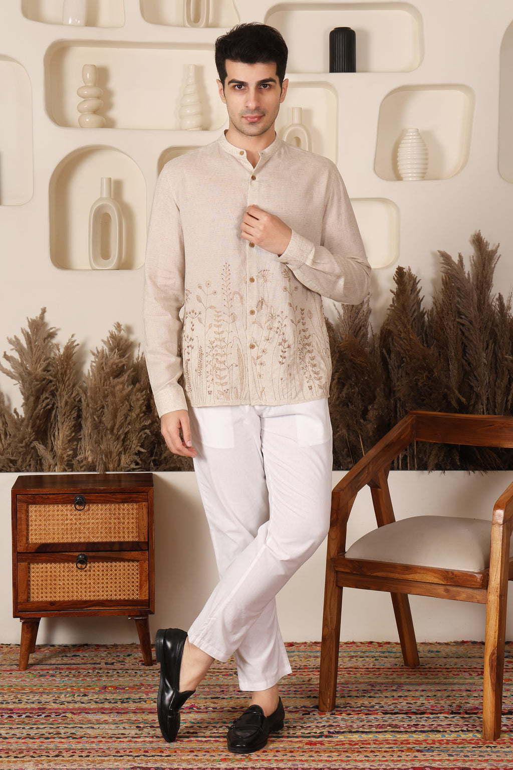 Beige Floral Embroidered Mandarin Collar Shirt for Men PWY242
