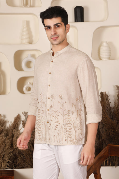 Beige Floral Embroidered Mandarin Collar Shirt for Men PWY242