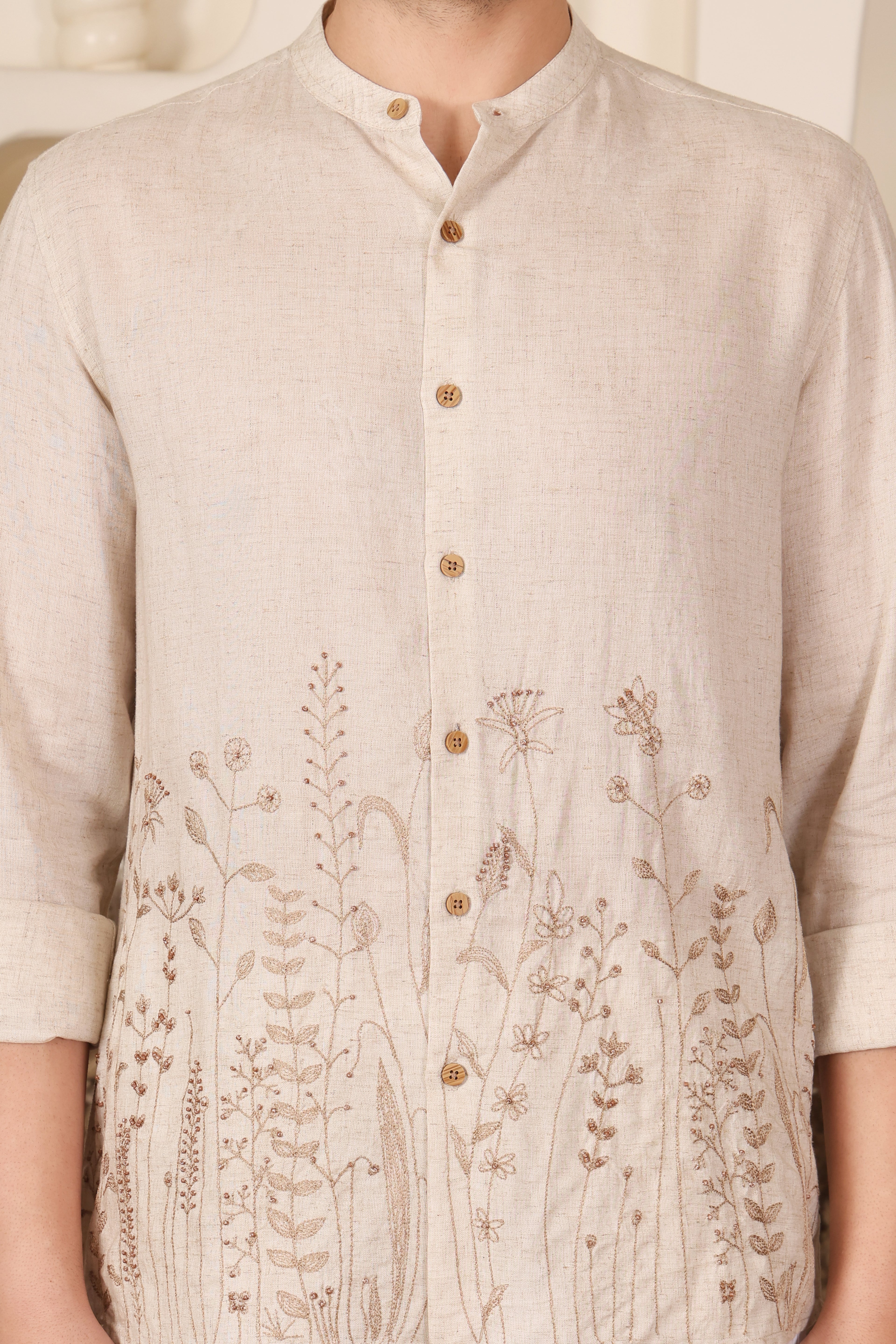 Beige Floral Embroidered Mandarin Collar Shirt for Men PWY242