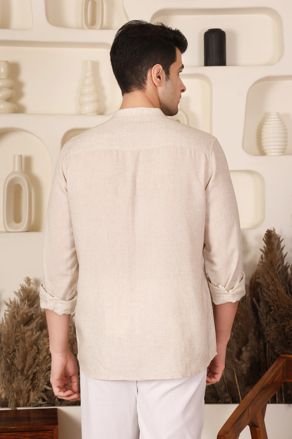 Beige Floral Embroidered Mandarin Collar Shirt for Men PWY242