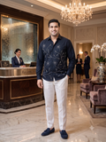 Pier Seven Navy Blue Floral Embroidered Shirt PWY248
