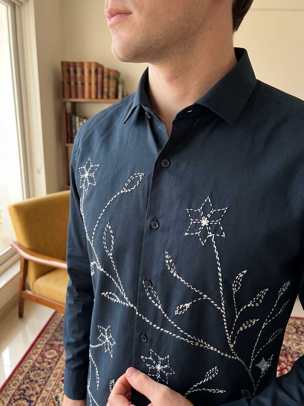 Pier Seven Navy Blue Floral Embroidered Shirt PWY248