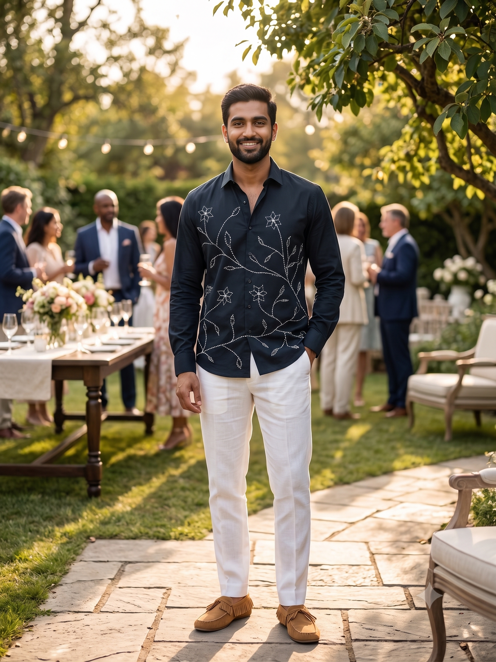 Pier Seven Navy Blue Floral Embroidered Shirt PWY248