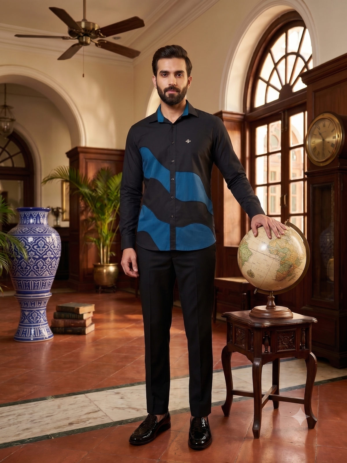 Pier Seven Navy Blue Floral Embroidered Shirt PWY249