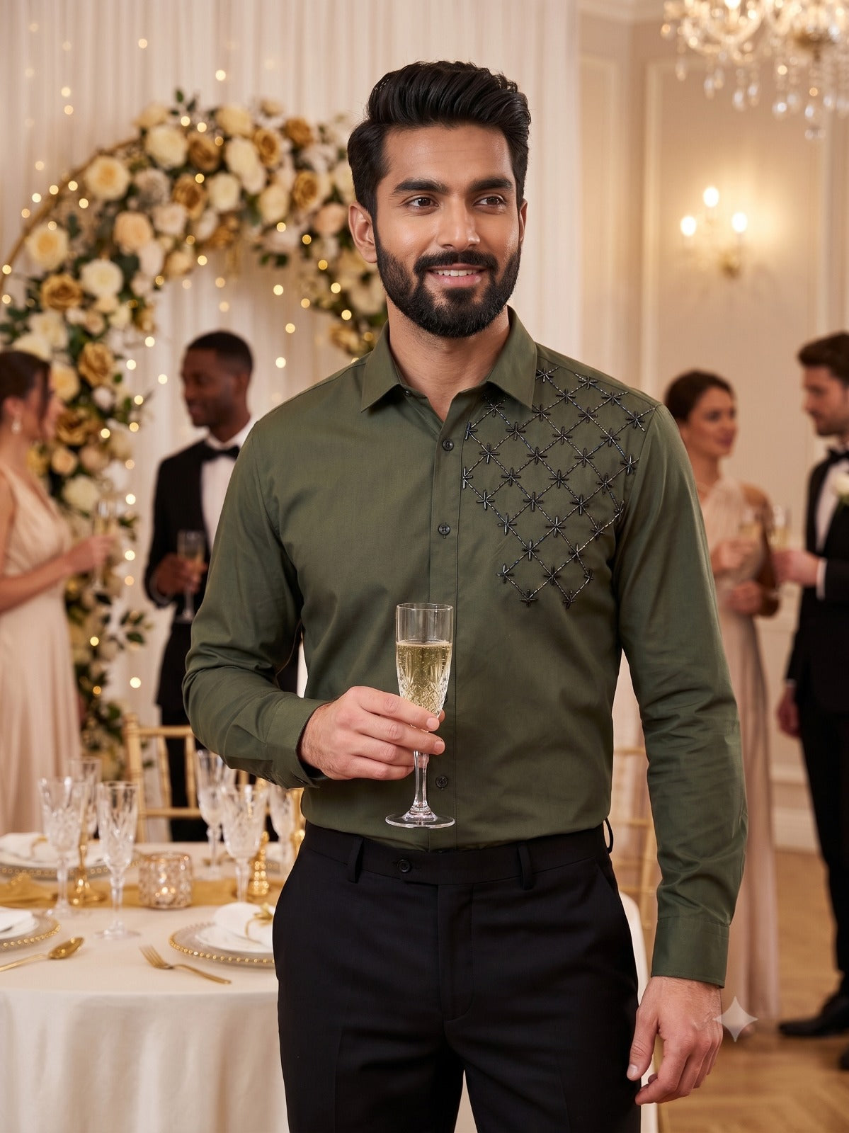 Olive Glass Bead Geometric Hand Embroidered Shirt PWY252