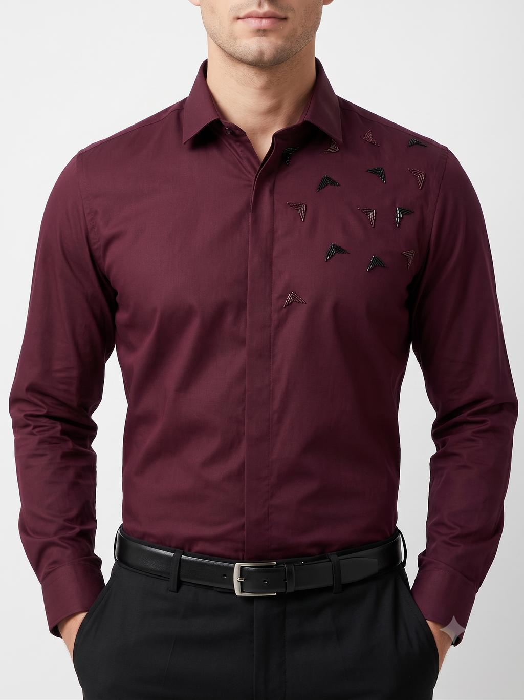 Maroon Geometric Glass bead Hand Embroidered Shirt PWY254