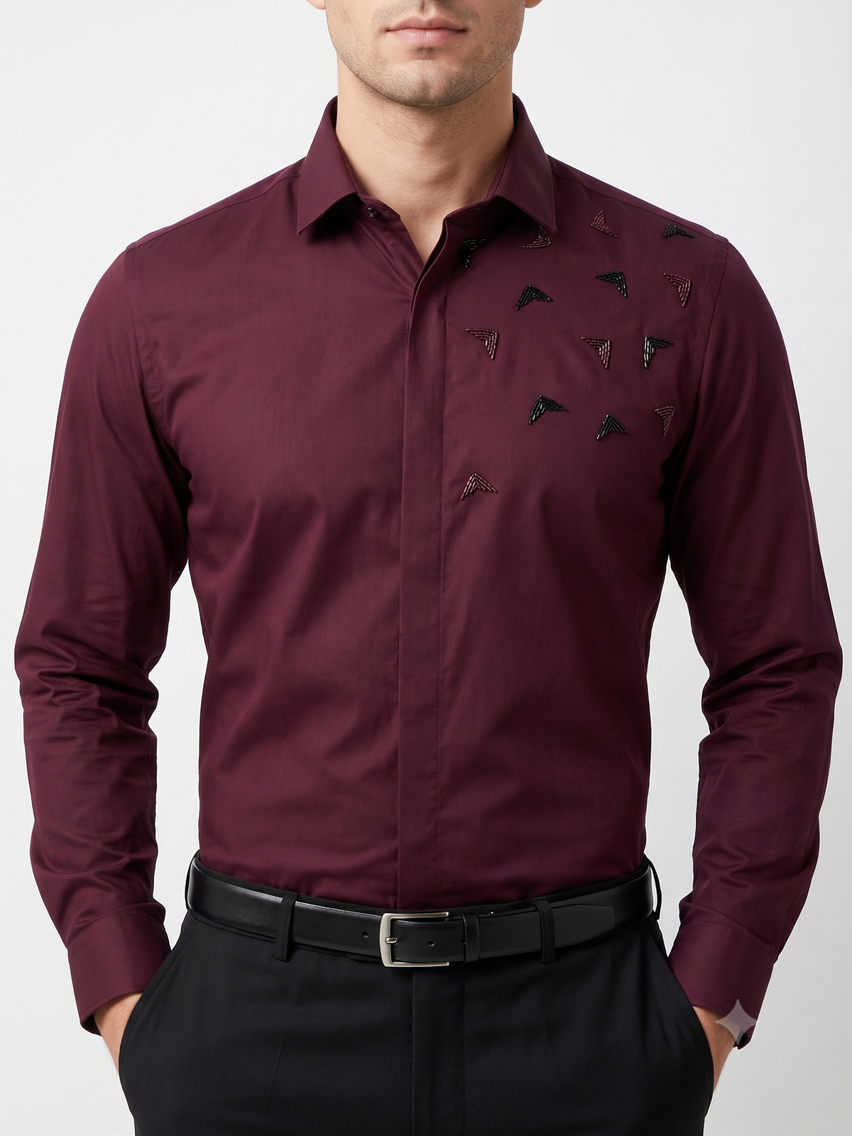 Maroon Geometric Glass bead Hand Embroidered Shirt PWY254