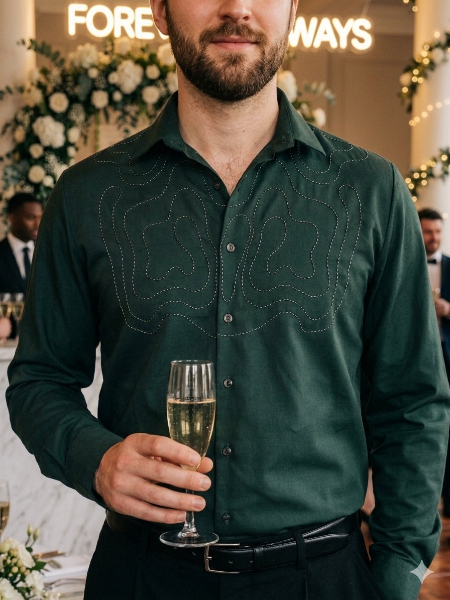 Men's Olive  Glass Bead Hand Embroidered Luxury Shirt-PWY257