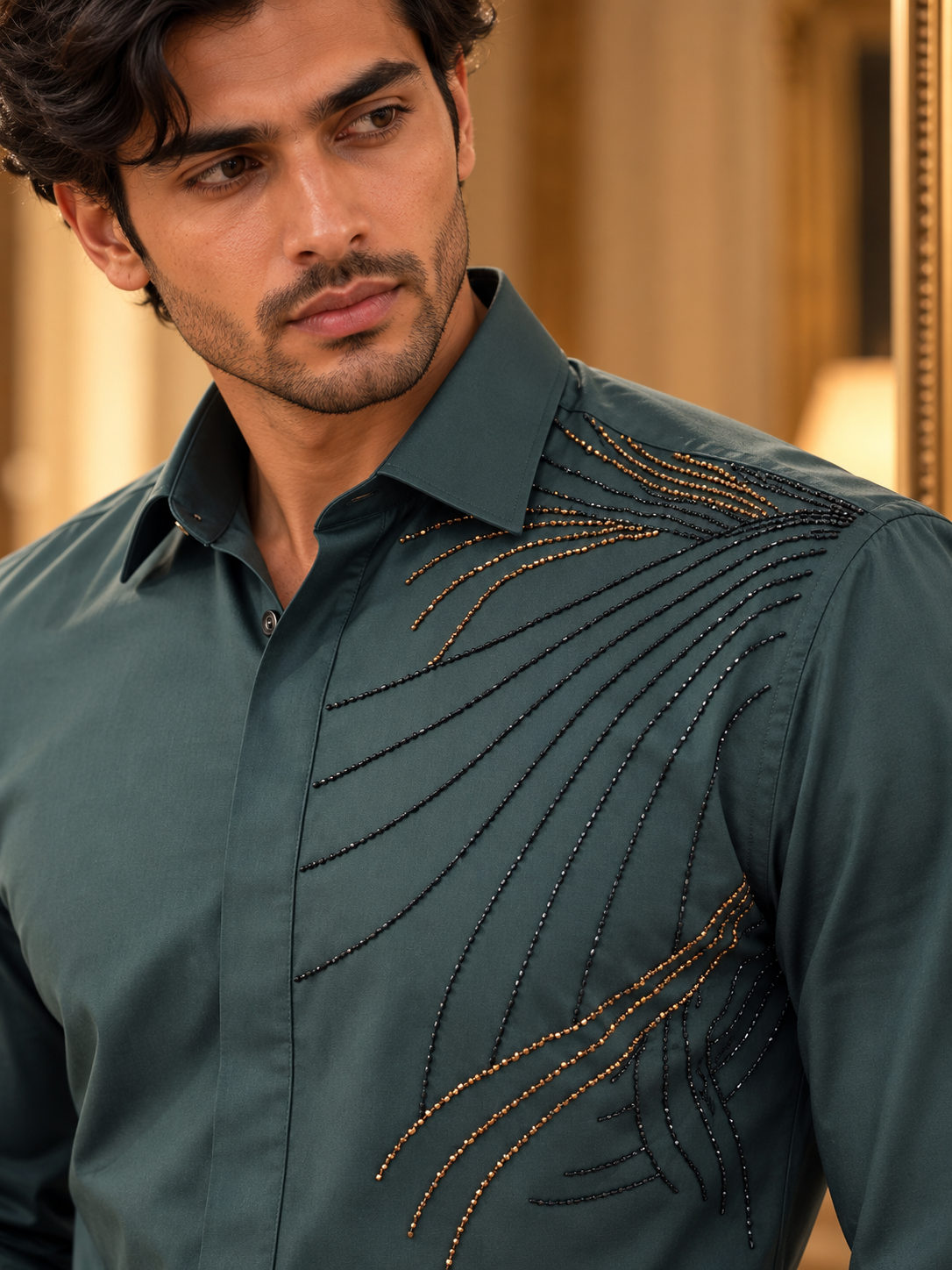 Pier Seven Men's Teal Embellished Party Wear Shirt PWY259