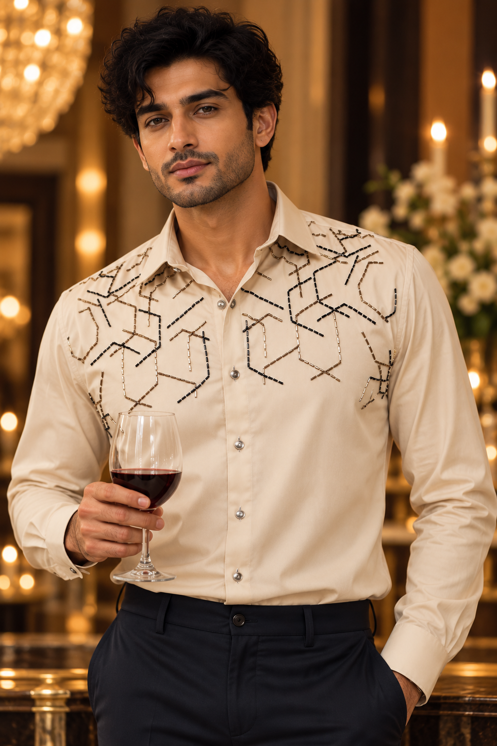 Pier Seven Beige Geometric Embellished Shirt PWY260
