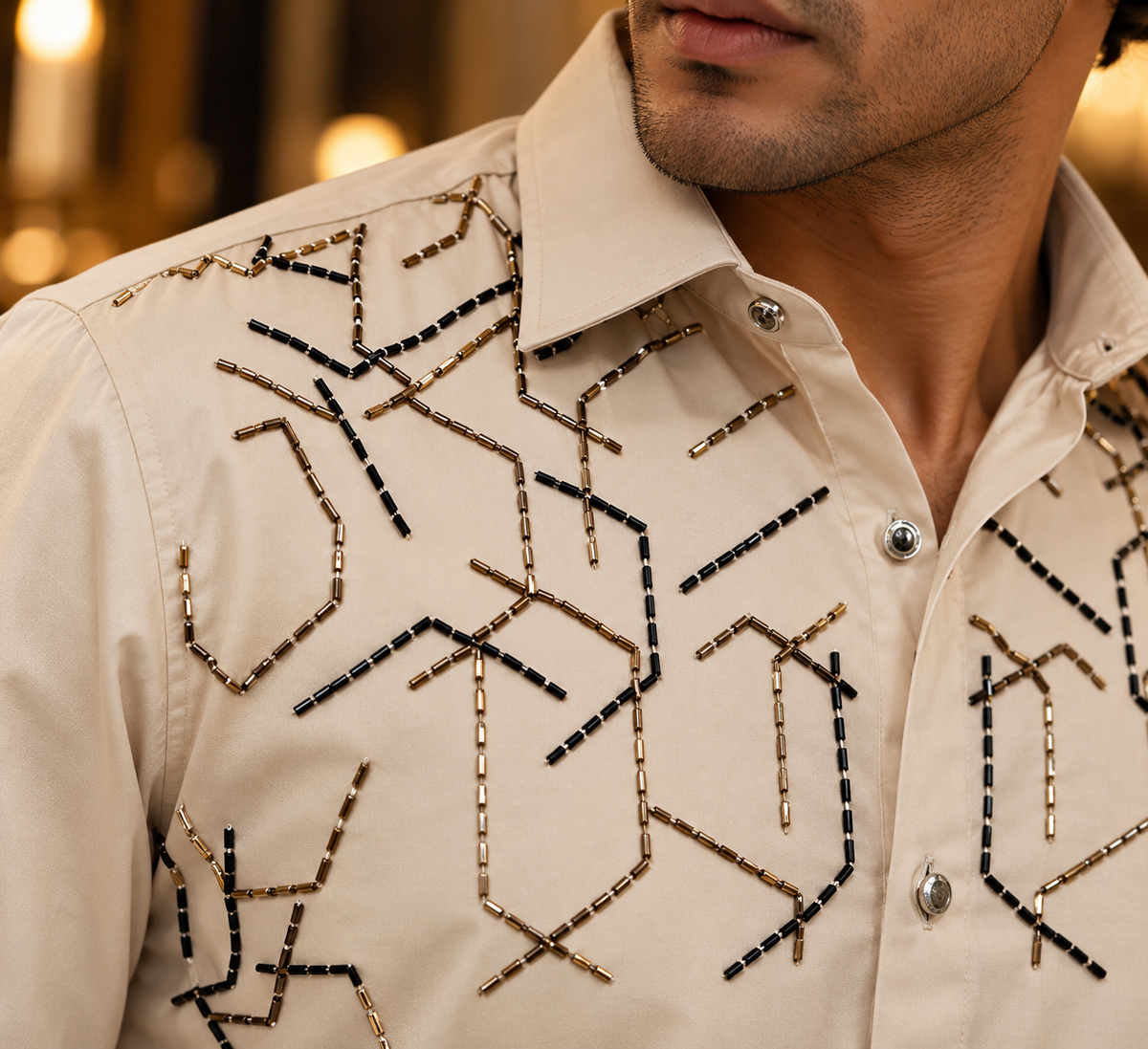 Pier Seven Beige Geometric Embellished Shirt PWY260