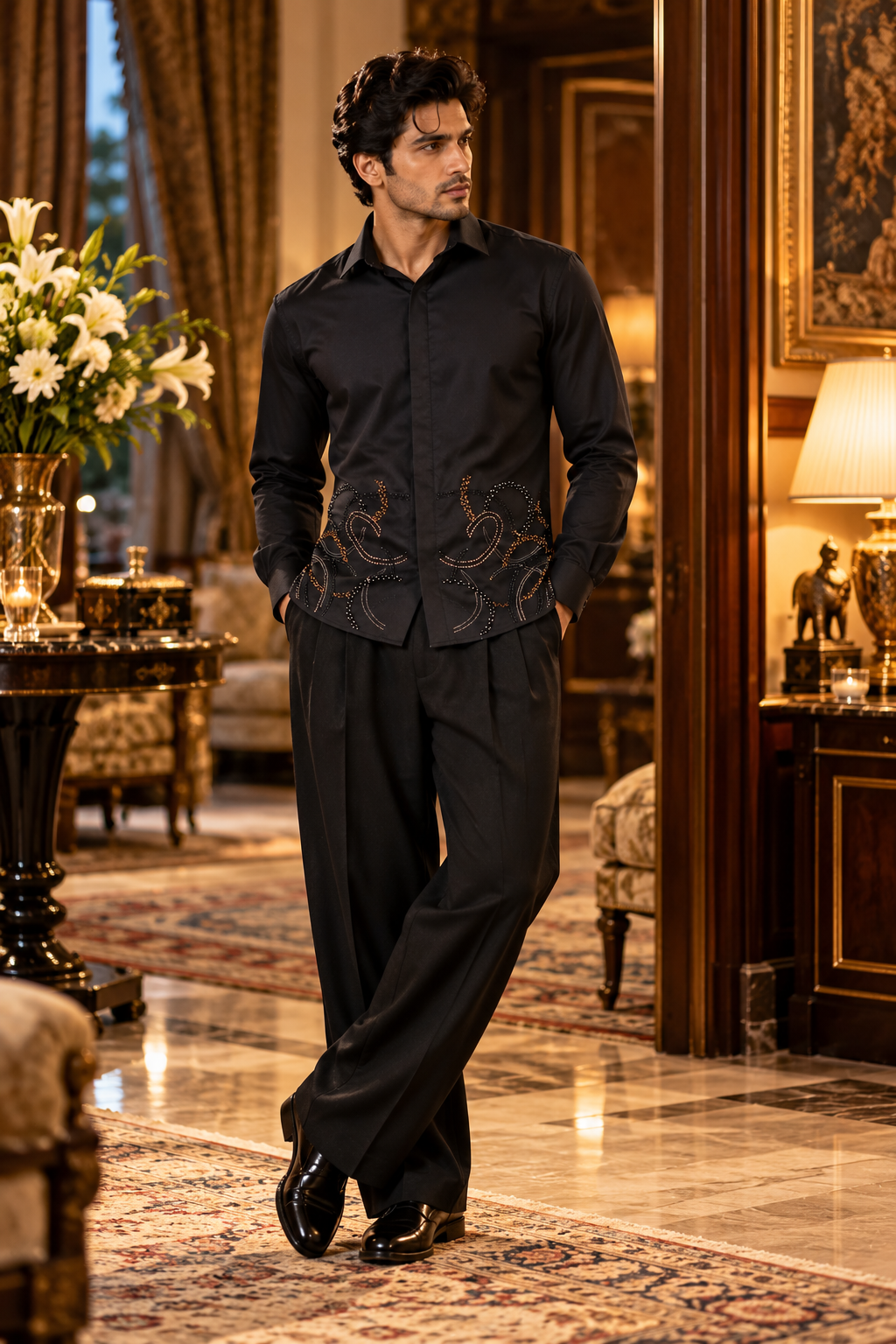 Pier Seven Black Abstract Embellished Shirt pwy262