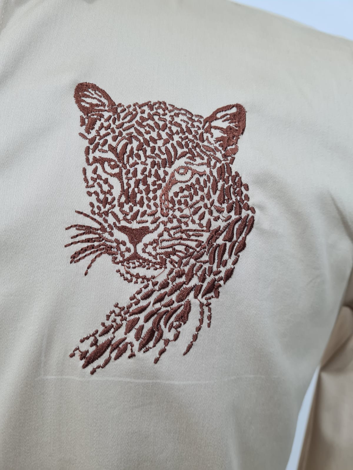 Pier Seven Men's Beige Embroided Leopard Motif Shirt PWY263