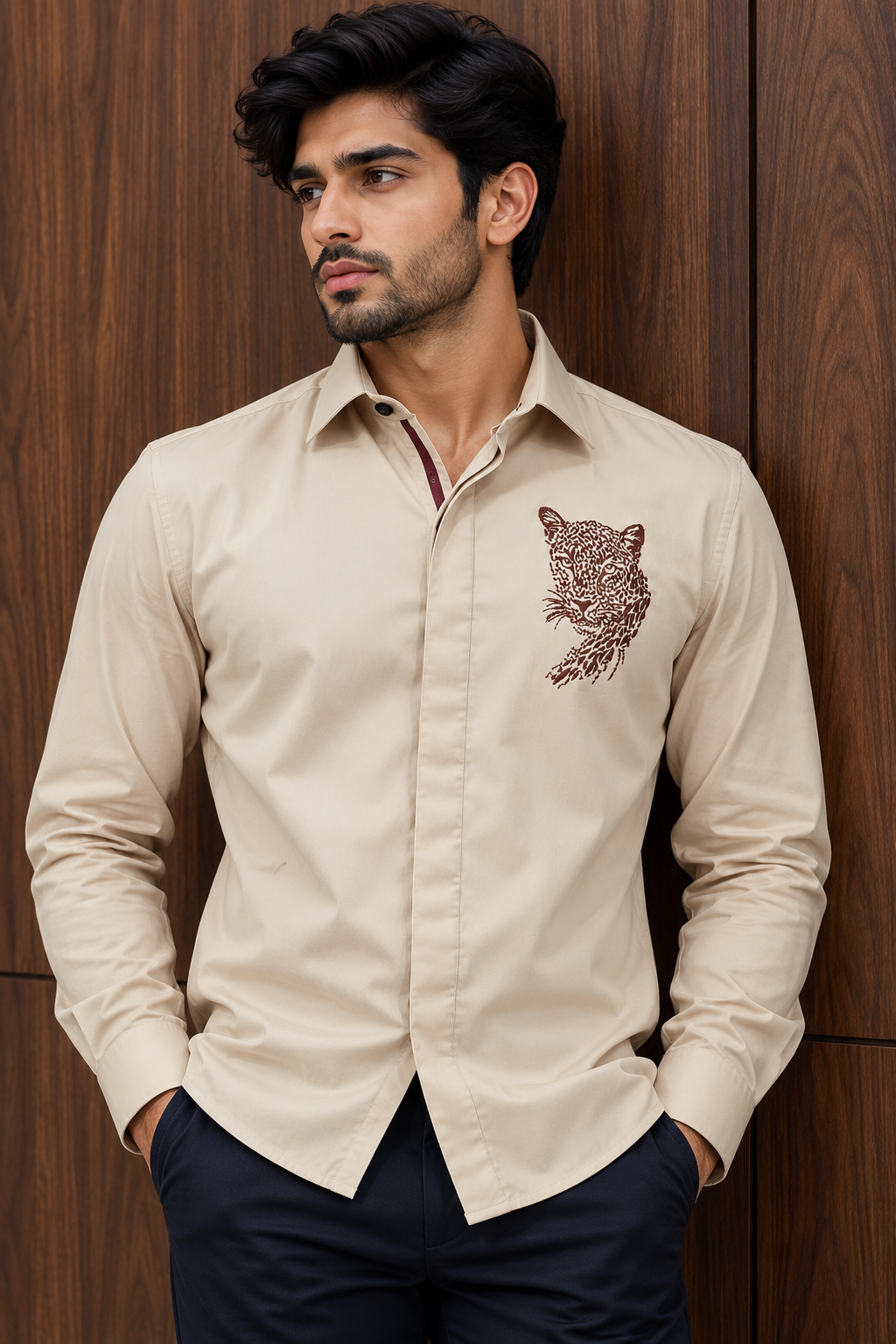 Pier Seven Men's Beige Embroided Leopard Motif Shirt PWY263