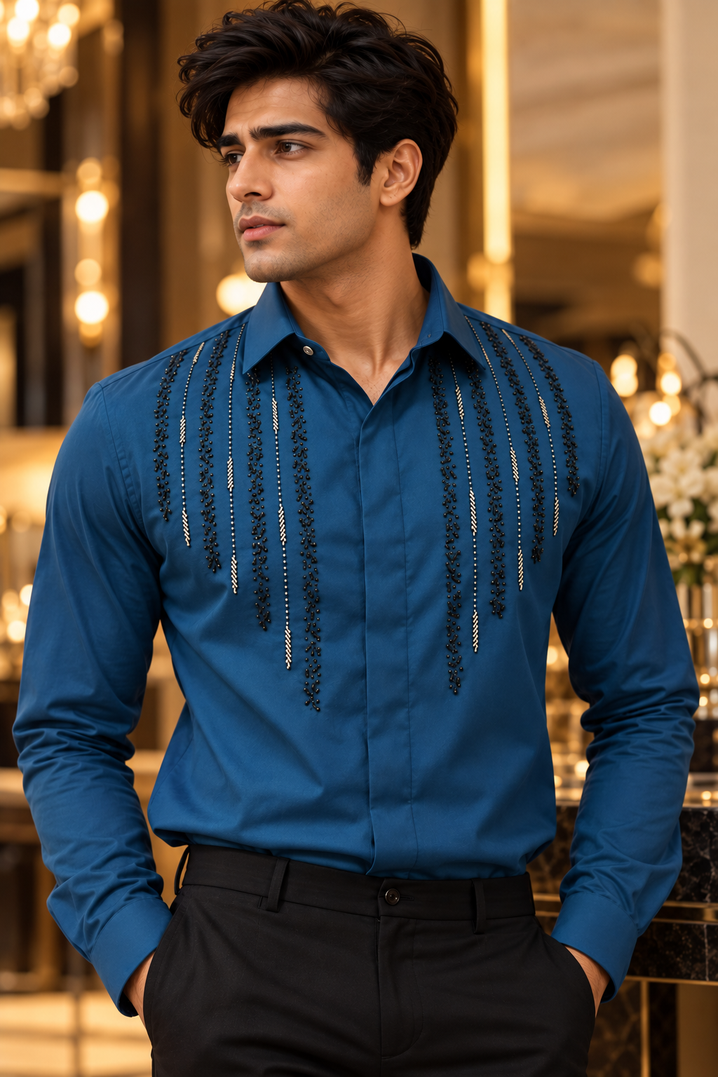 Pier Seven Teal Embellished Party Wear Shirt  PWY264