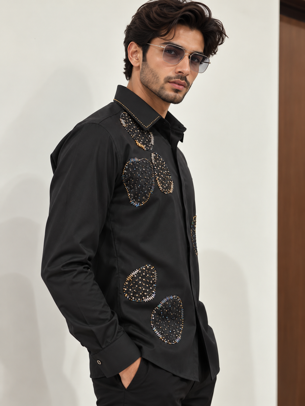 Pier Seven Men's Black Beaded Party Wear Shirt PWY265