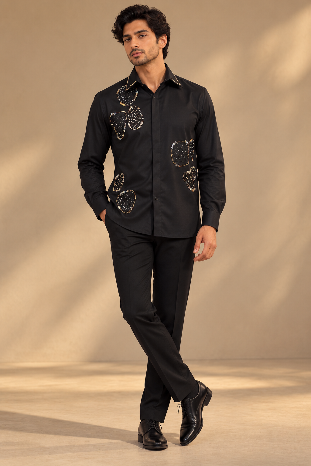 Pier Seven Men's Black Beaded Party Wear Shirt PWY265