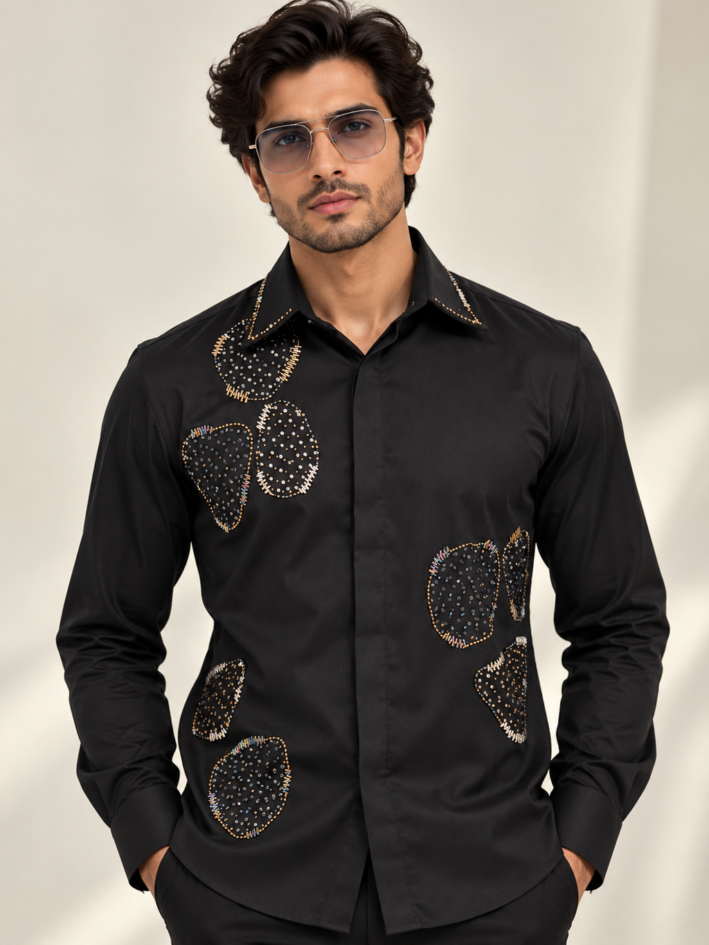 Pier Seven Men's Black Beaded Party Wear Shirt PWY265