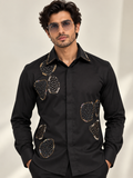Pier Seven Men's Black Beaded Party Wear Shirt PWY265